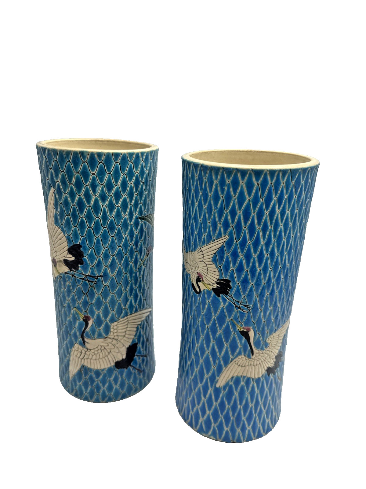 Satsuma Vase Pair Meiji Japanese Cranes Tessellated Blue Signed Zundo Ikebana