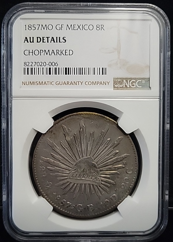 1857 MO GF Mexico 8 Reales 8R NGC AU Details (Barely) Chopmarked | Gorgeous Tone 1857 MO GF Mexico 8 Reales 8R NGC AU Details (Barely) Chopmarked | Gorgeous Tone