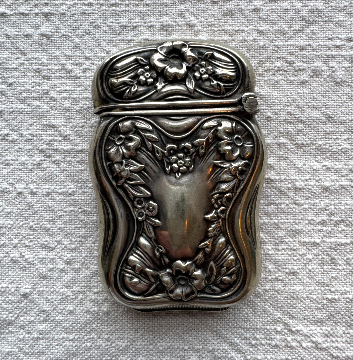 Antique Art Nouveau Vesta Case Match Safe Ornate Repoussé Floral Silver Plated