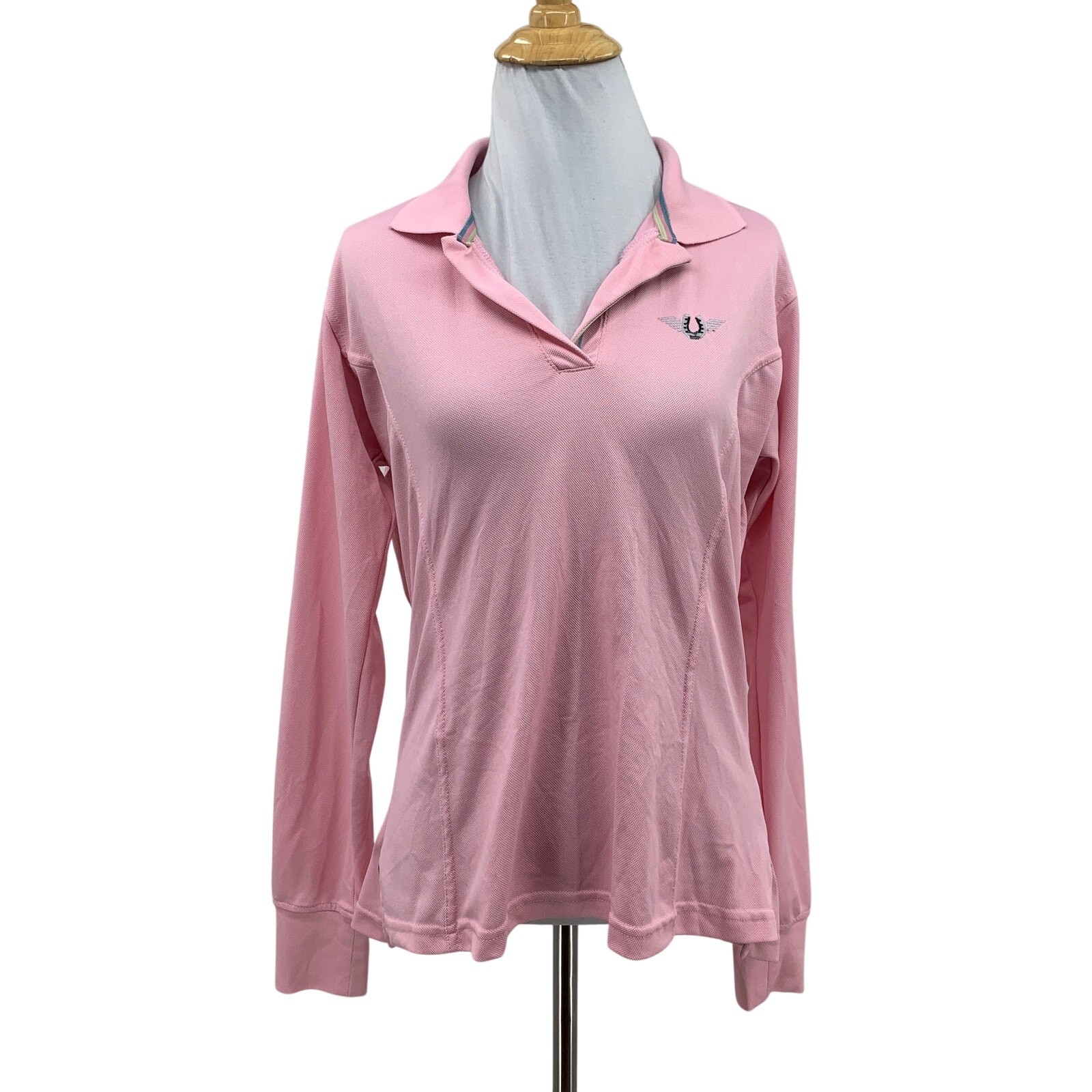 TuffRider Polo Shirt Womens M Medium Pink Tech Long Sleeve Side Slit Equestrian
