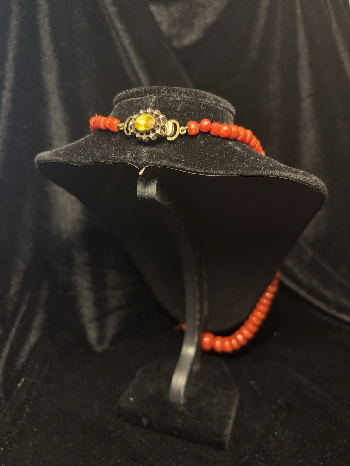 Antique Victorian Coral Necklace with Real Diamond Inlay, Glass Yellow Stone Antique Victorian Coral Necklace with Real Diamond Inlay, Glass Yellow Stone