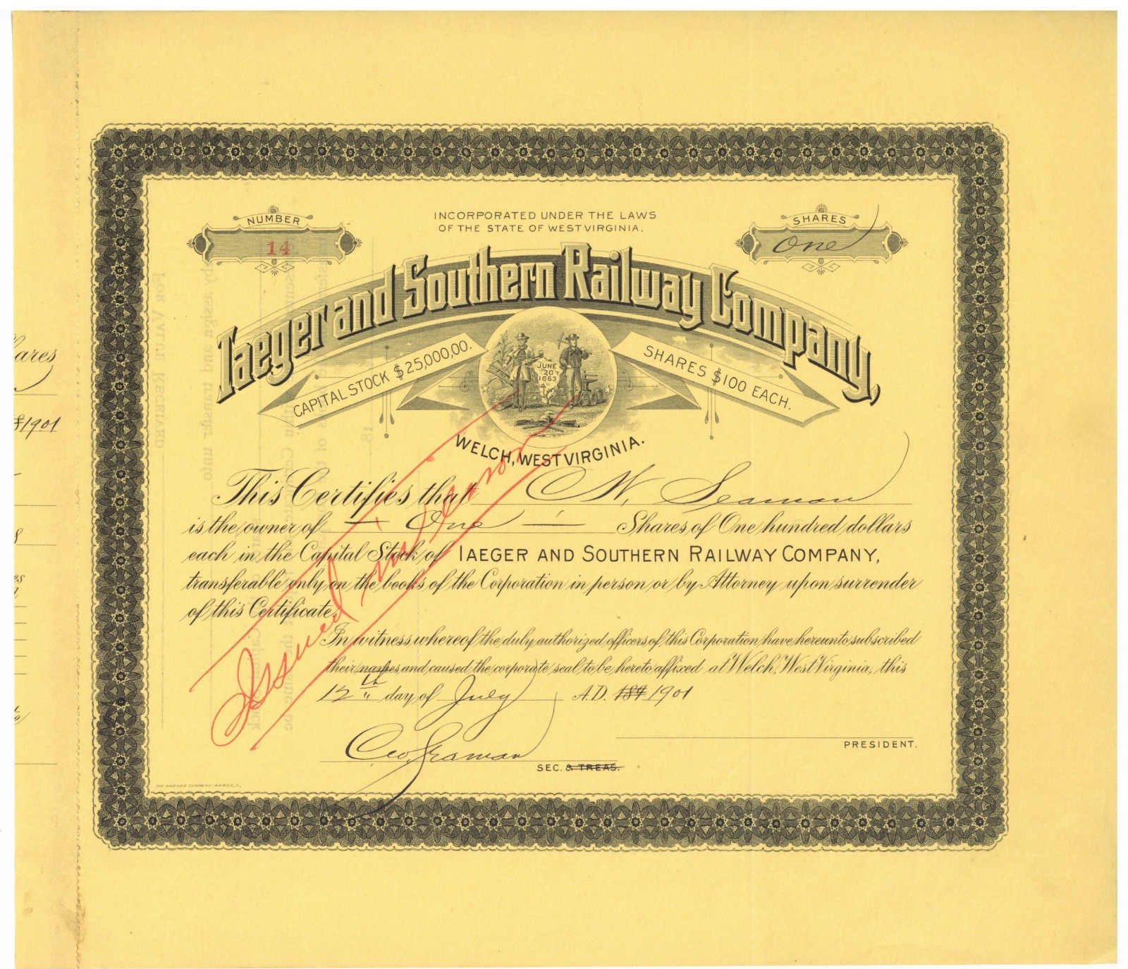Iaeger and Southern Railway Company. Stock Certificate