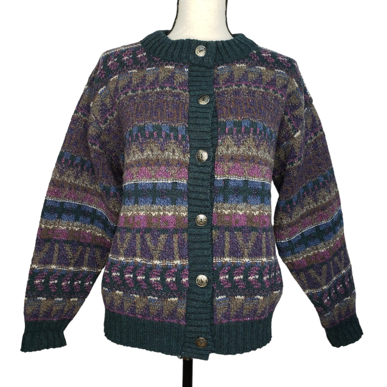 Vintage Coldwater Creek Cardigan Sweater Medium L/S Fair Isle Green Purple USA