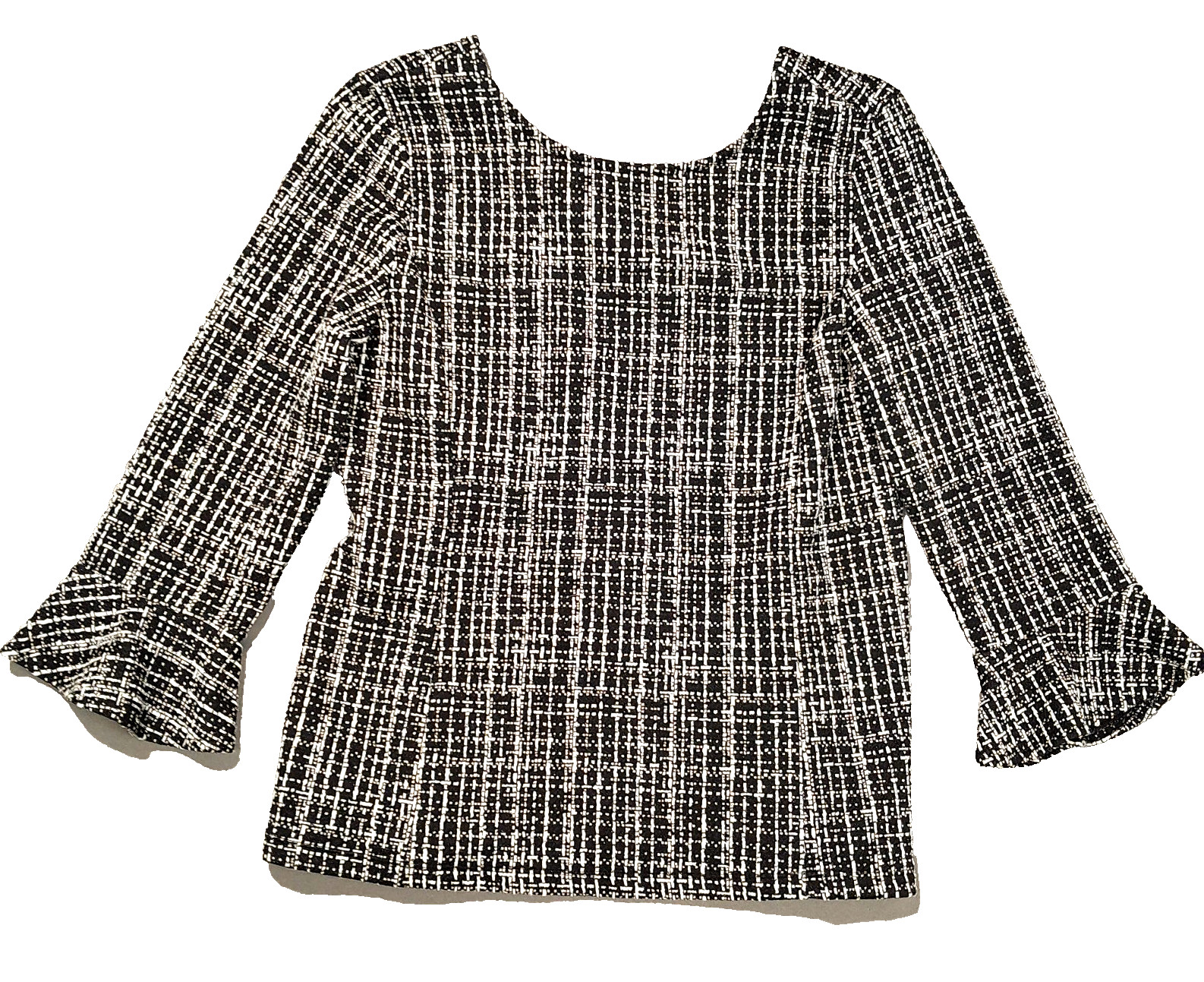 Talbots Tunic Womens S Petite Black Tweed Flounce Cuff Pullover Shirt Top NWT