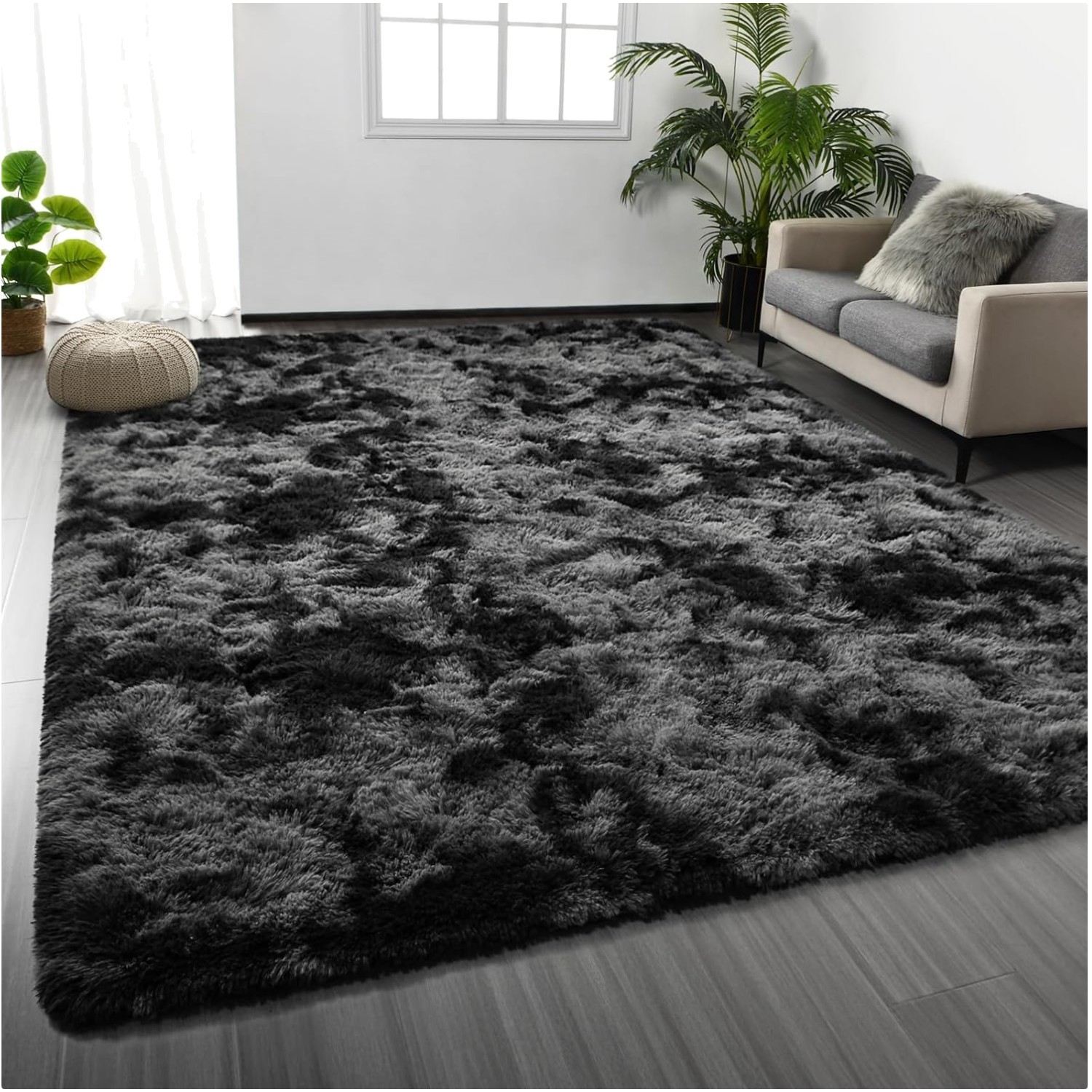 Luxurious 6\' x 9\' Tie-Dyed Plush Shag Area Rug in Dark Grey - Soft & Fluffy