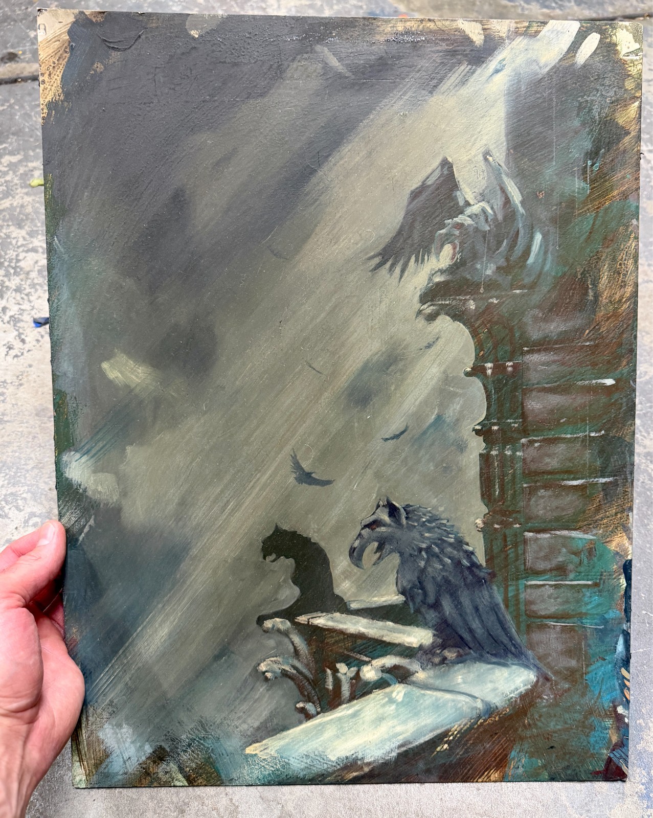Oil Painting Gotham City Batman Illustration Art Haunted Gothic Church Gargoyles