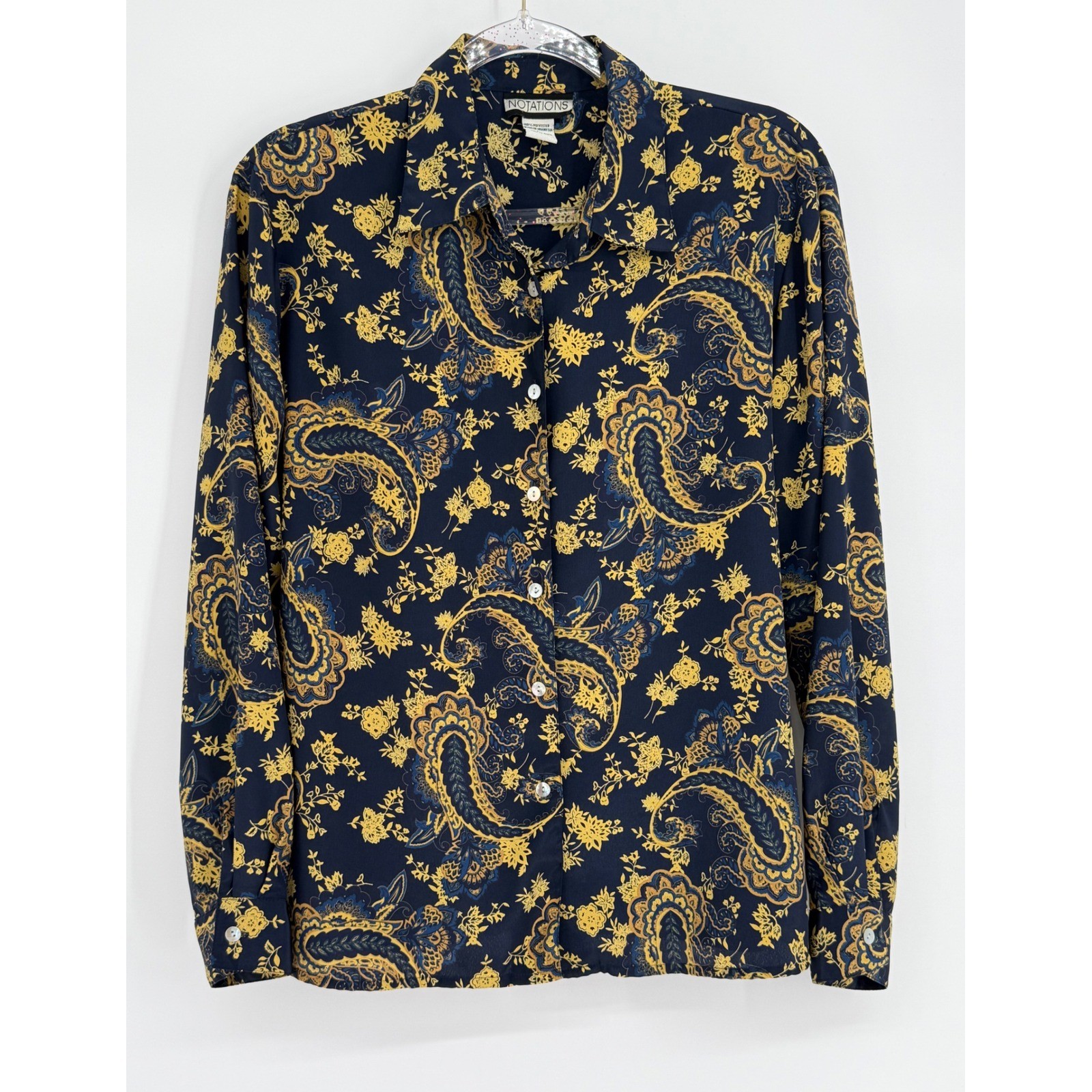 Notations Womens Sz L Navy Blue Gold Paisley Floral Button Up Blouse Long Sleeve