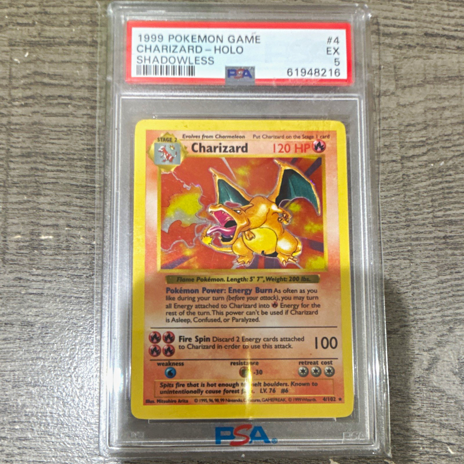 1999 Pokemon Base Set Shadowless Holo Charizard #4 PSA 5 EX 1999 Pokemon Base Set Shadowless Holo Charizard #4 PSA 5 EX