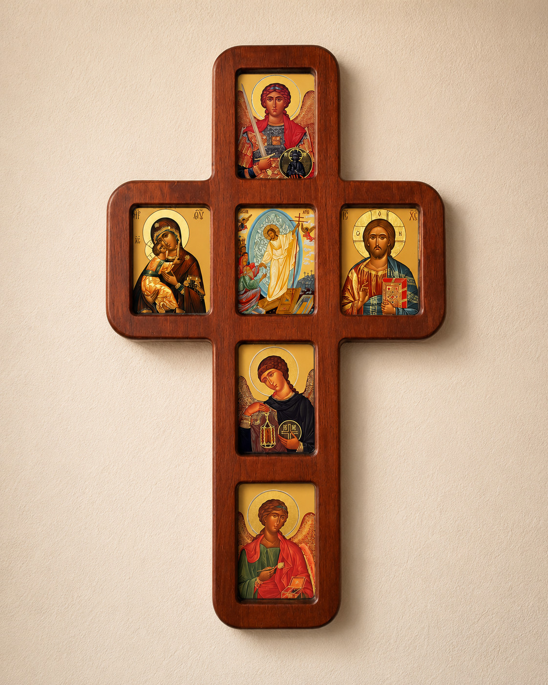 Christ, Virgin of Vladimir Archangels Michael, Gabriel, Raphael Icons In Cross