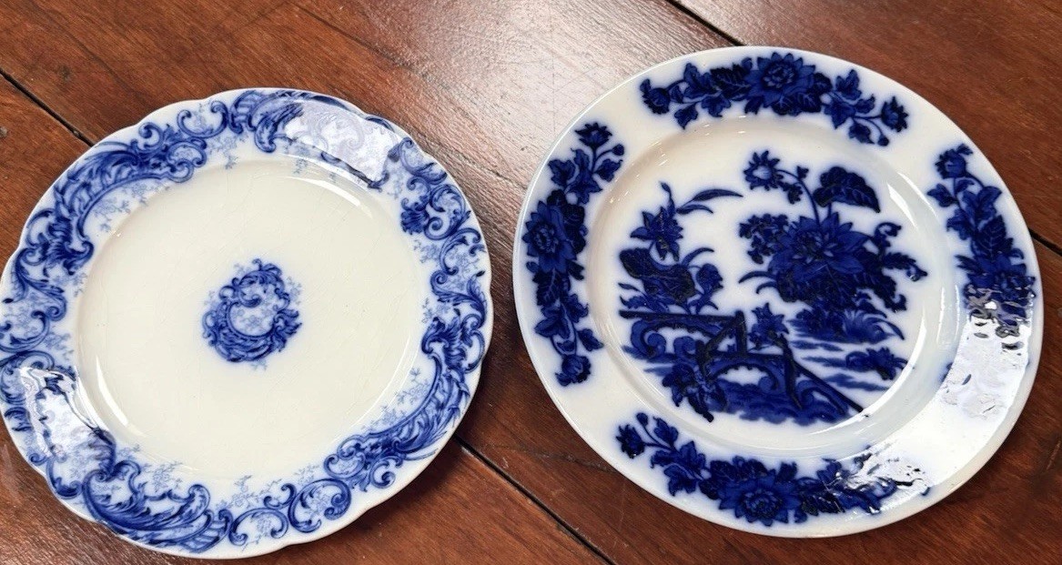 2 Vintage Antique Flow Blue Plates 2 Vintage Antique Flow Blue Plates
