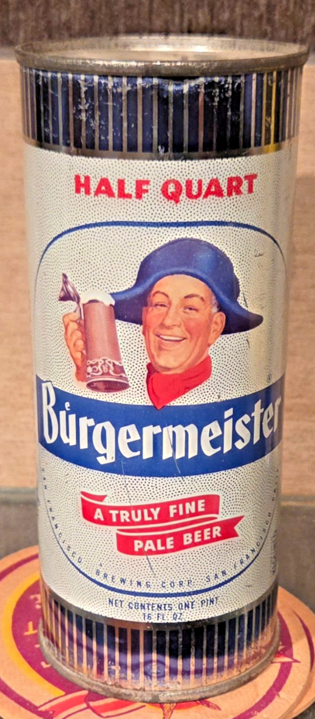 1955 BURGERMESITER 16 OUNCE FLAT TOP BEER CAN SAN FRANCISCO BREWING COMPANY OPEN