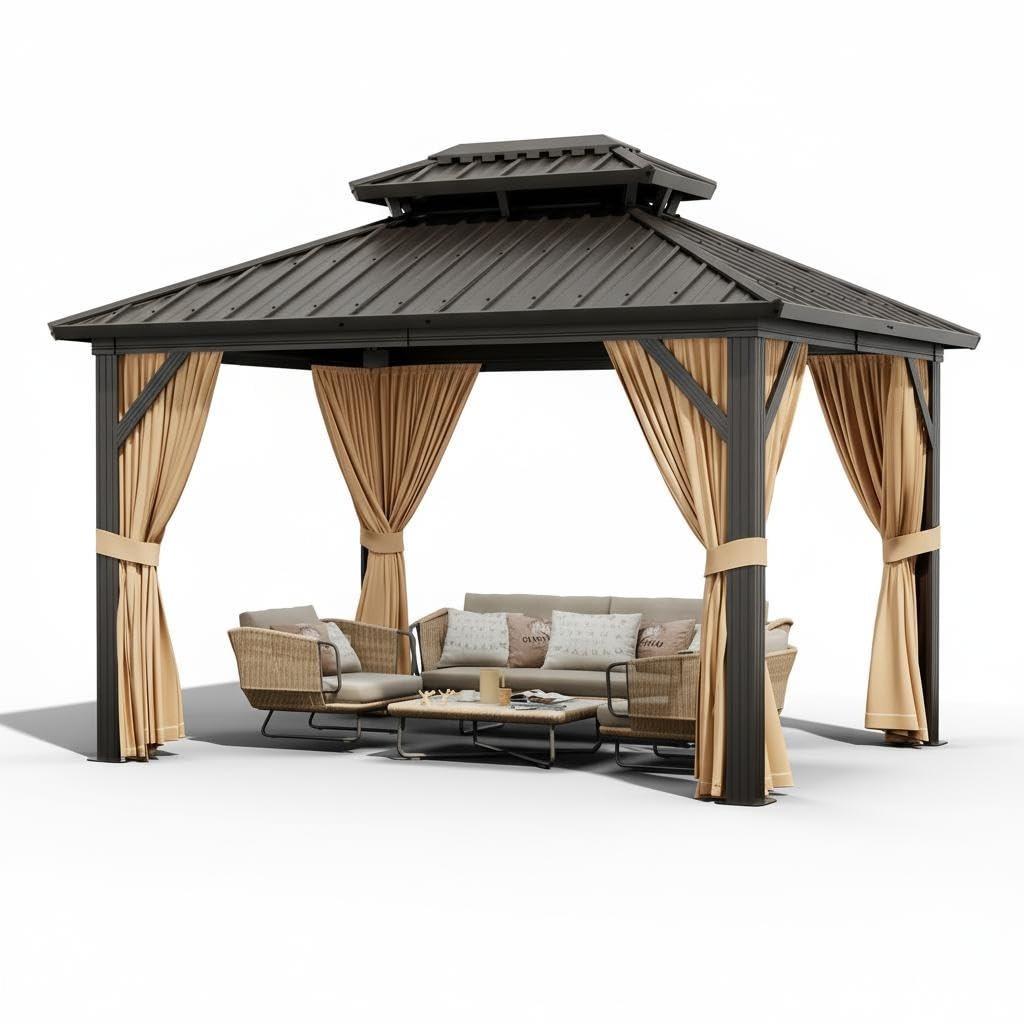 10x10ft/10x12ft Hardtop Gazebo &Nettings & Curtains, Aluminum Double Roof Gazebo 10x10ft/10x12ft Hardtop Gazebo &Nettings & Curtains, Aluminum Double Roof Gazebo