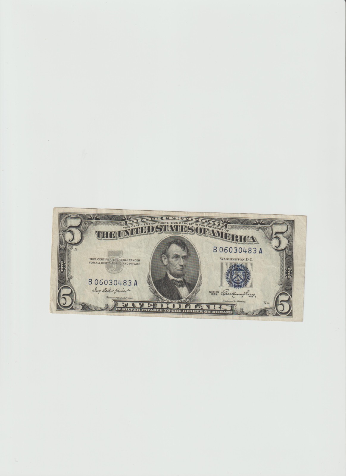 1953 Silver Certificate $5 Dollar Bill Blue Seal Note B06030483 A 1953 Silver Certificate $5 Dollar Bill Blue Seal Note B06030483 A