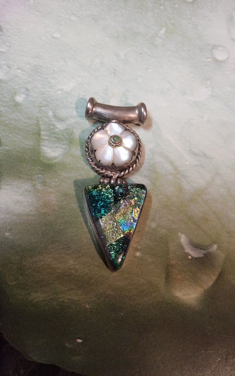 VINTAGE sterling silver 925 Dichroic Glass Mother of Pearl Flower Pendant 19.67g