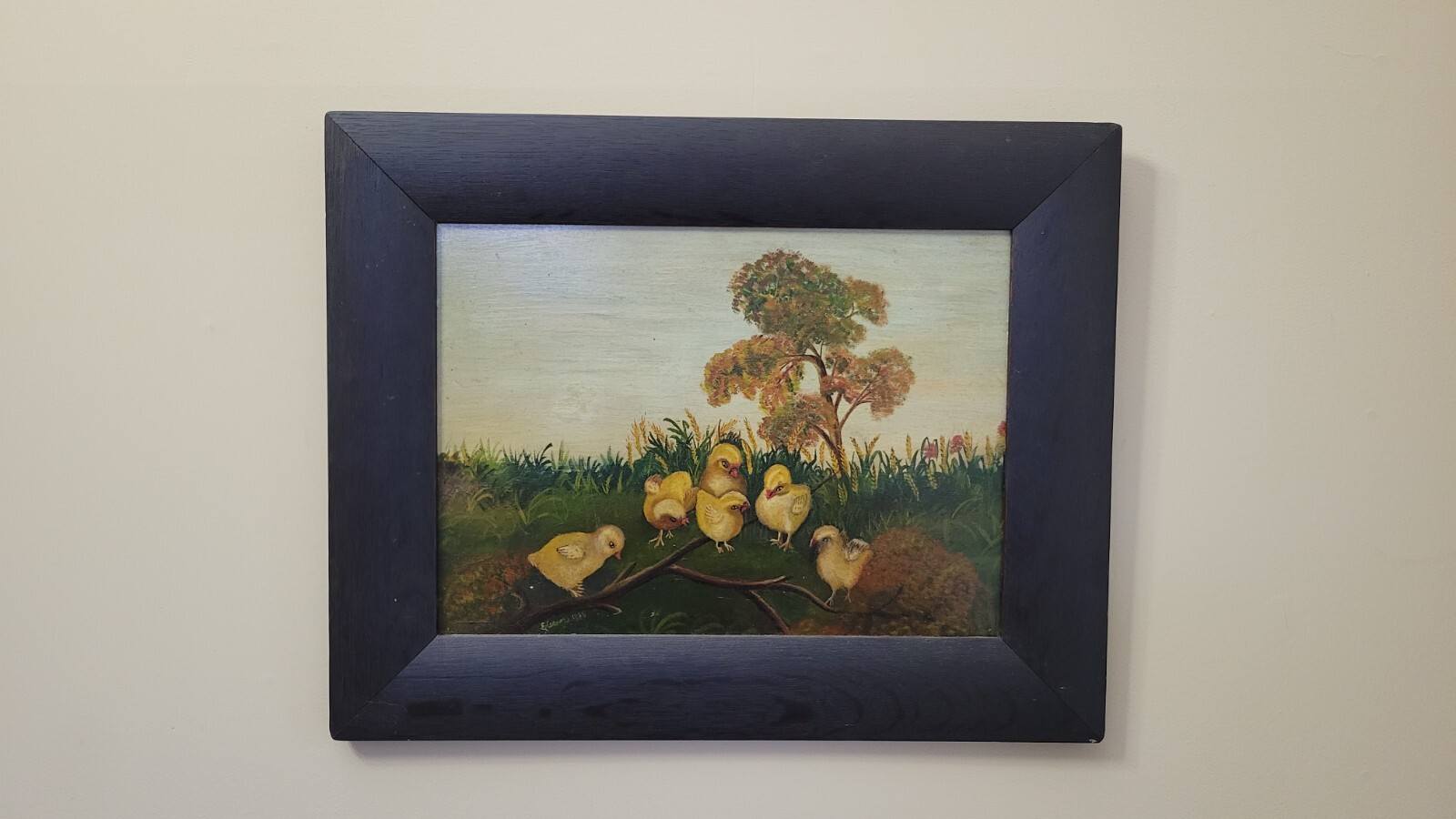 Antique 1888 Folk Art Baby Chicks Oil Painting on board, Signed Eleanor