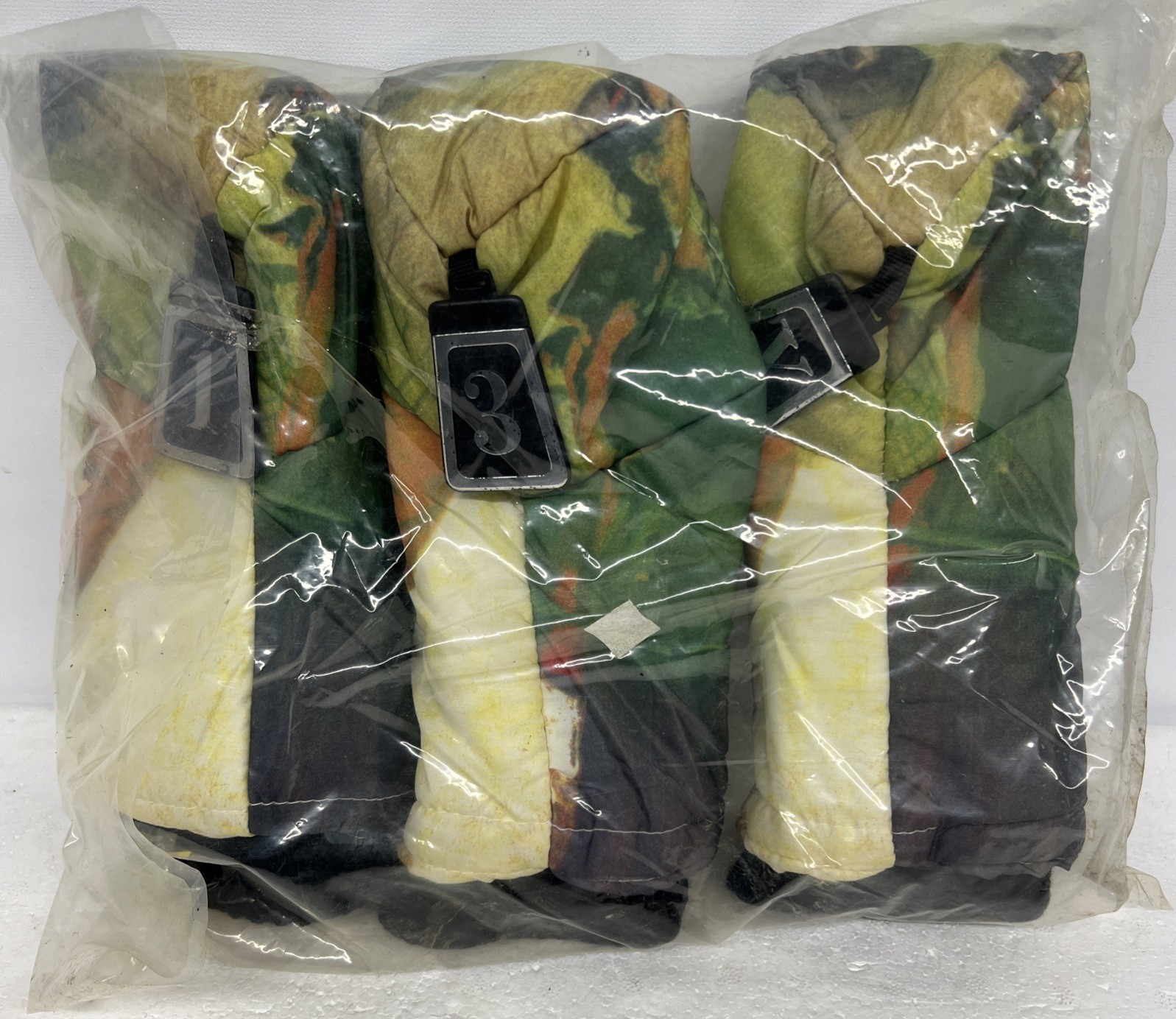 Golf Club Head Cover Set Of 3 Nylon Green Camo Tie Dye NOS NEW Vintage Golf Club Head Cover Set Of 3 Nylon Green Camo Tie Dye NOS NEW Vintage