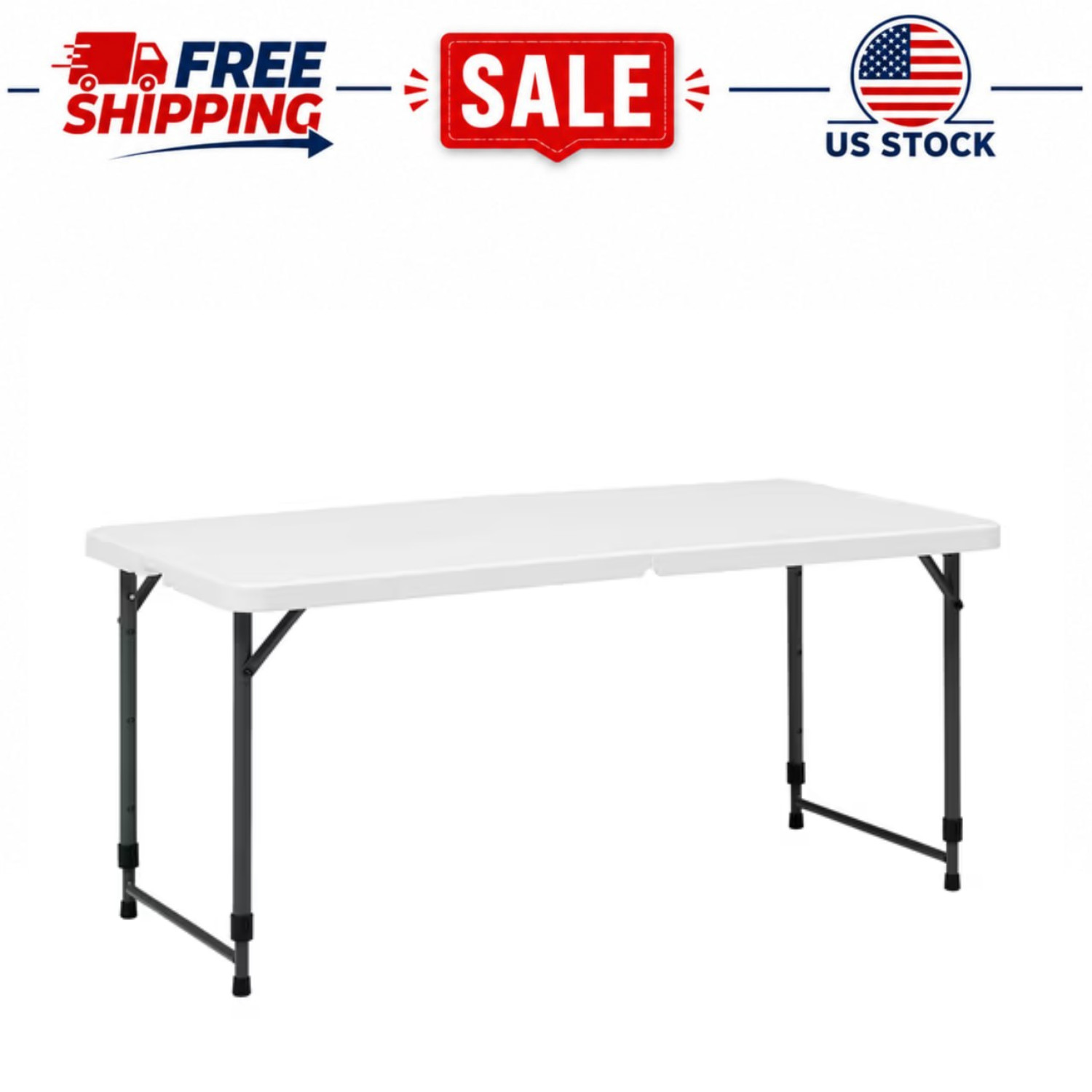 Mainstays 4 Foot Folding Table, Adjustable Height, White, Fold-in-Half, Portable