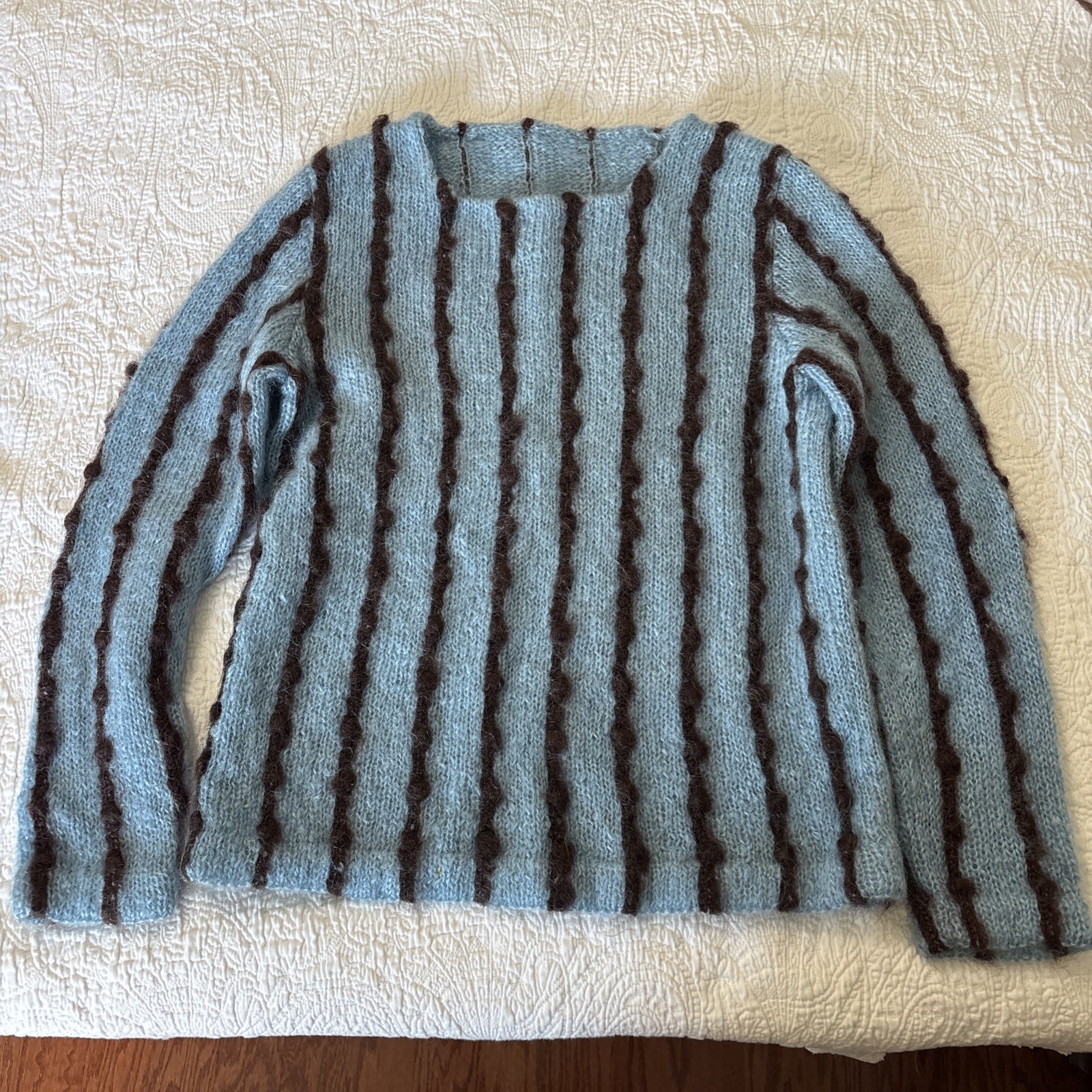 Vintage S/M Light Blue Crocheted Sweater W/Brown Vertical Stripe Mohair Pullover