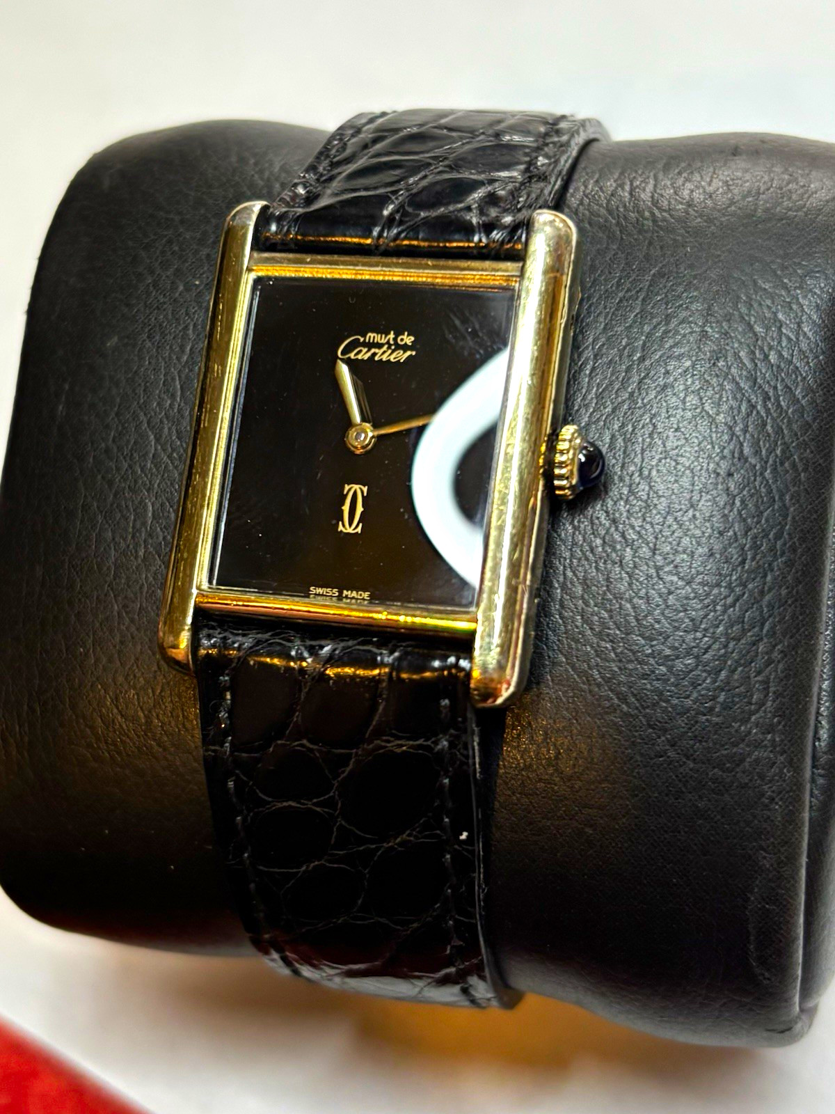 Cartier Must de Cartier Tank Swiss Manual Black Dial GP Silver Leather 24-28mm Cartier Must de Cartier Tank Swiss Manual Black Dial GP Silver Leather 24-28mm