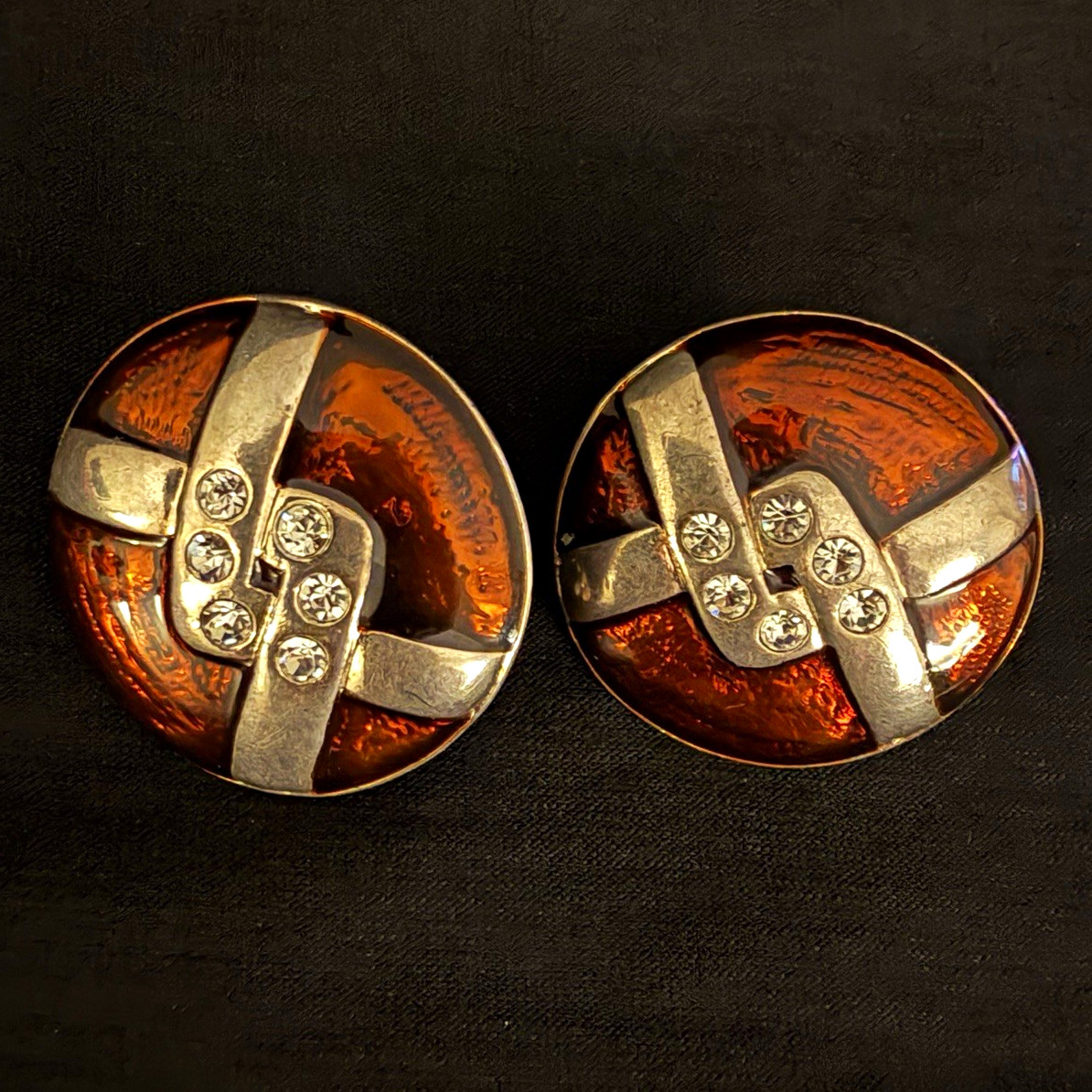 Round Brown & Silver Tone Rhinestone Clip-On Earrings, Metal, Lobe Round Brown & Silver Tone Rhinestone Clip-On Earrings, Metal, Lobe