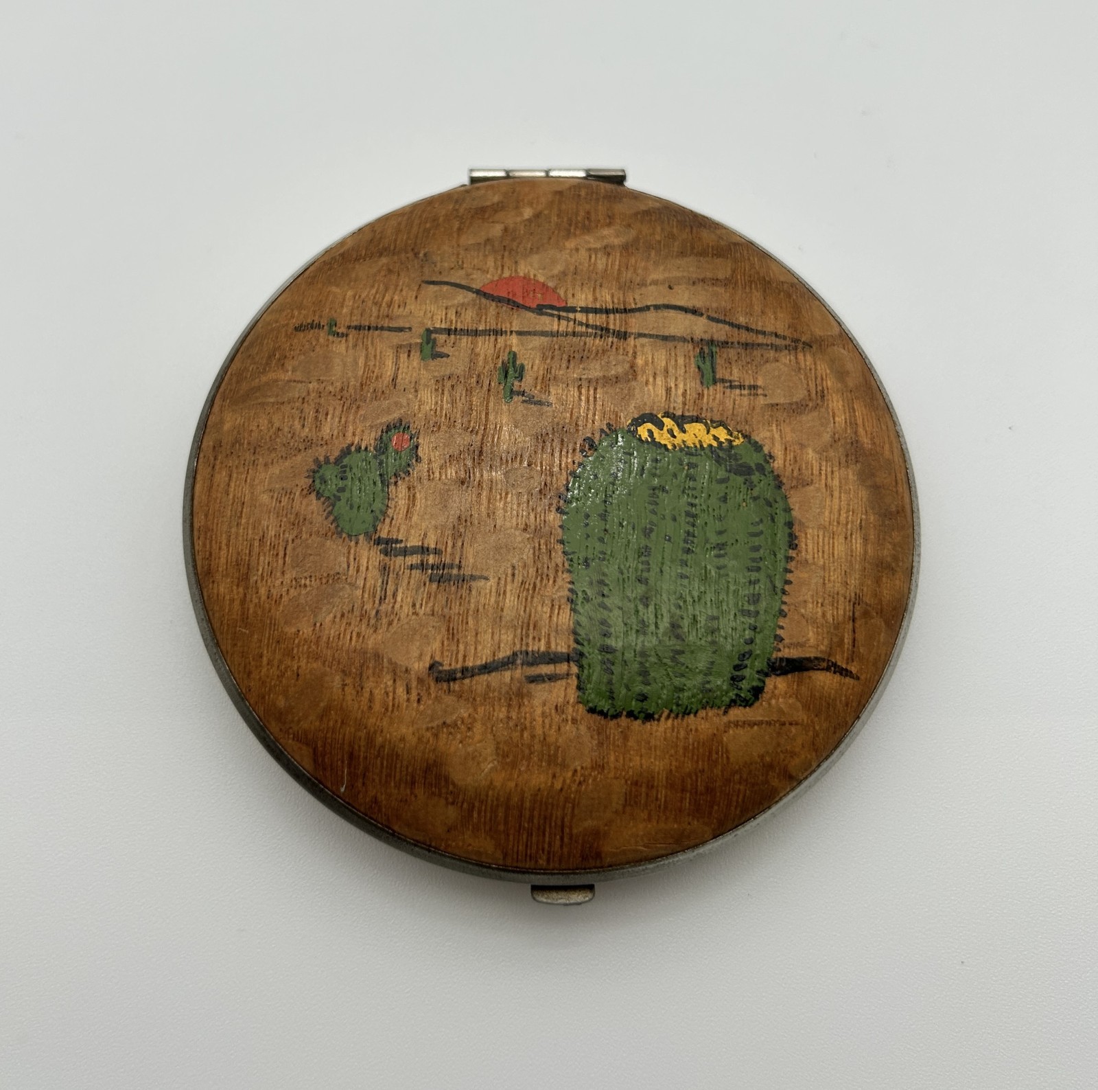 Vtg 1940s WWII Elgin American Wood Powder Compact Hand Painted Saguaro Cactus
