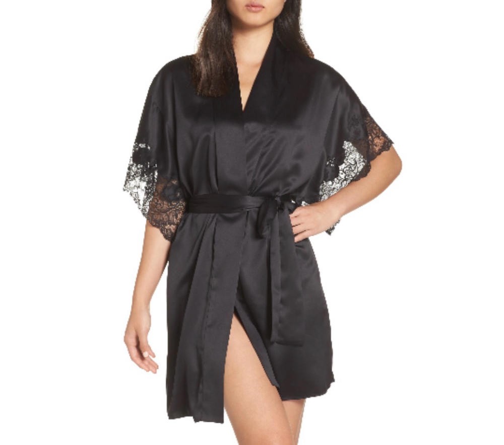 Natori Women\'s Solid Charmeuse Essentials Wrap Robe Sleepwear, Black, M