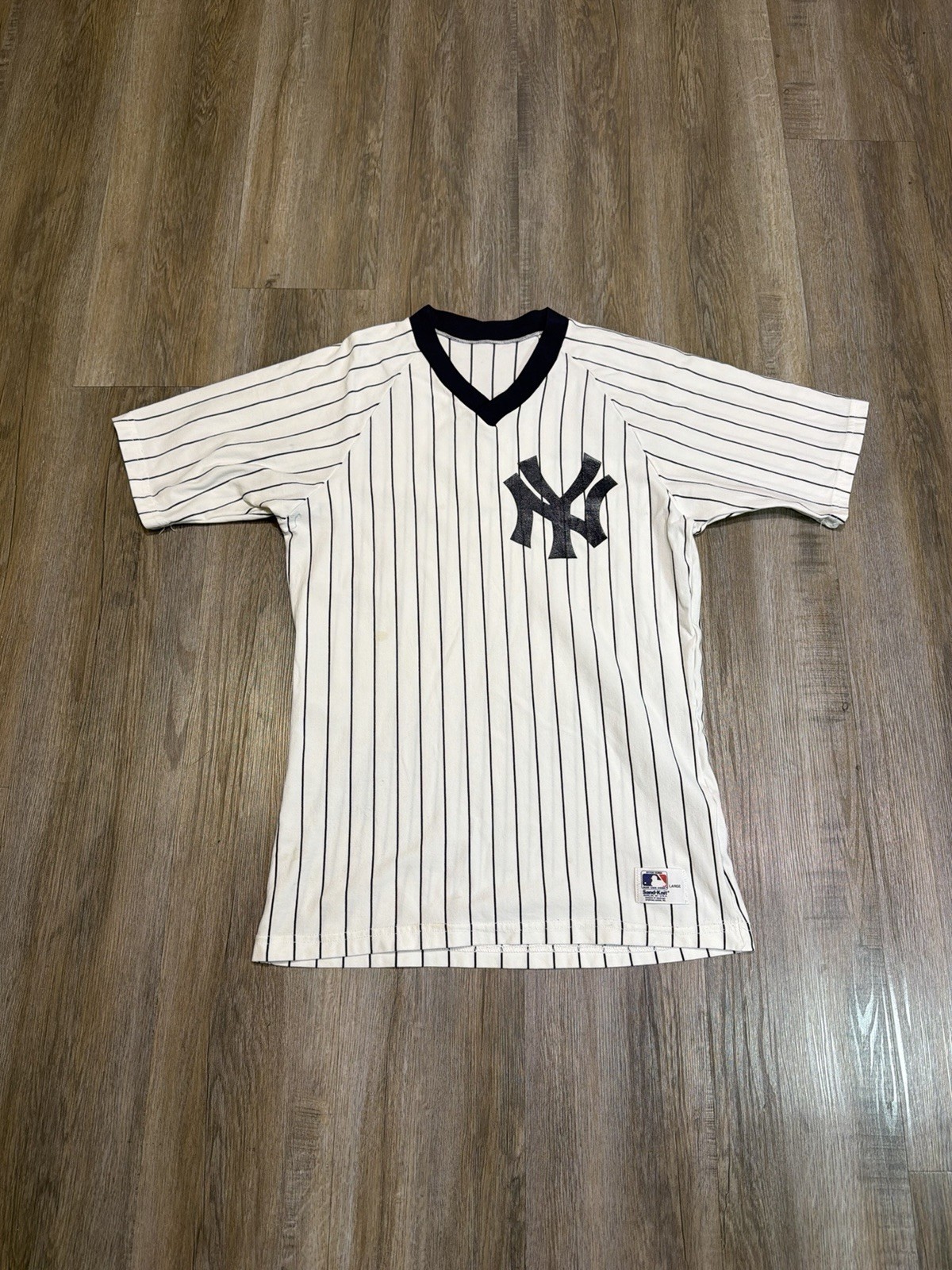 VTG 80s Sand-Knit New York Yankees V-Neck Pinstripe Jersey Shirt Mens L  M In US