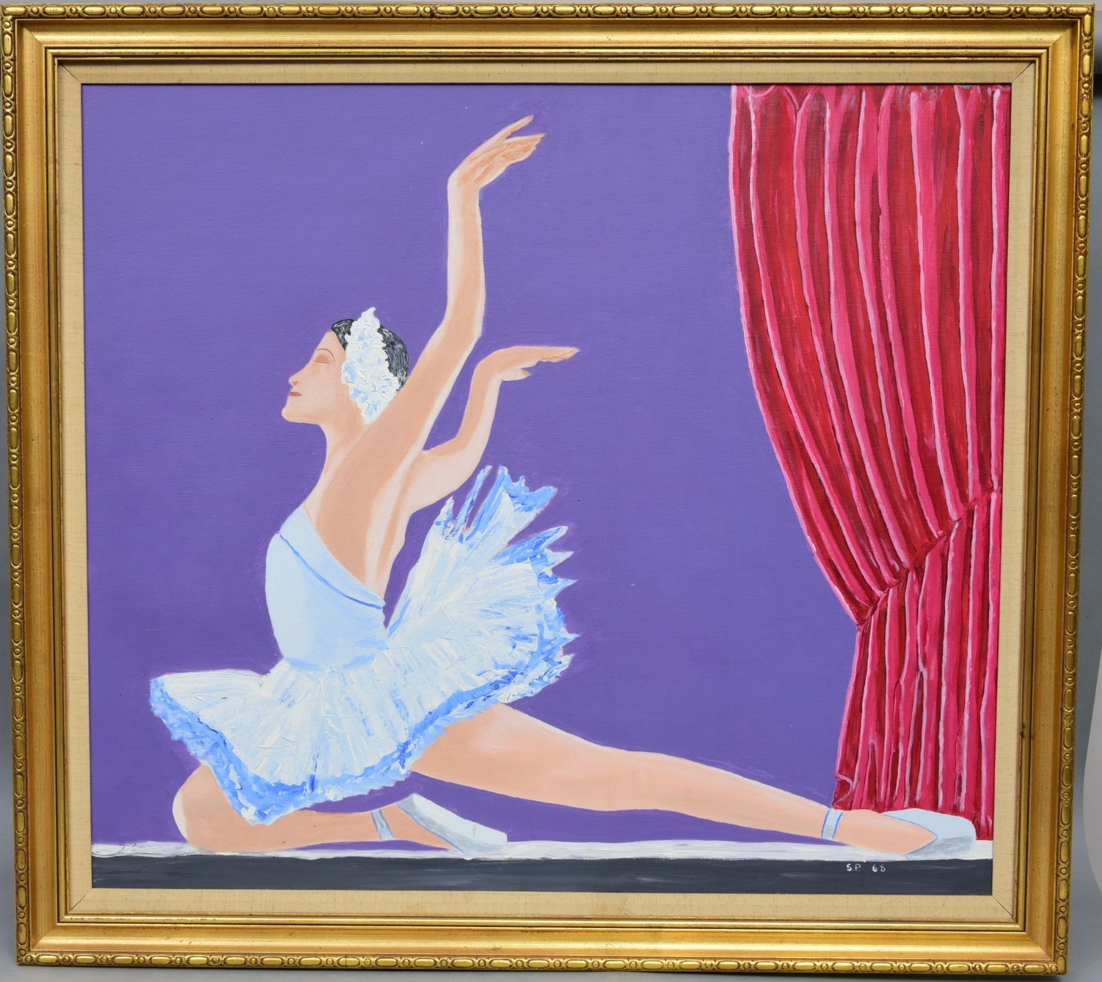 Vintage 1968 Signed SP Ballerina Oil Painting Canvas Large 41x37 Gold Frame
