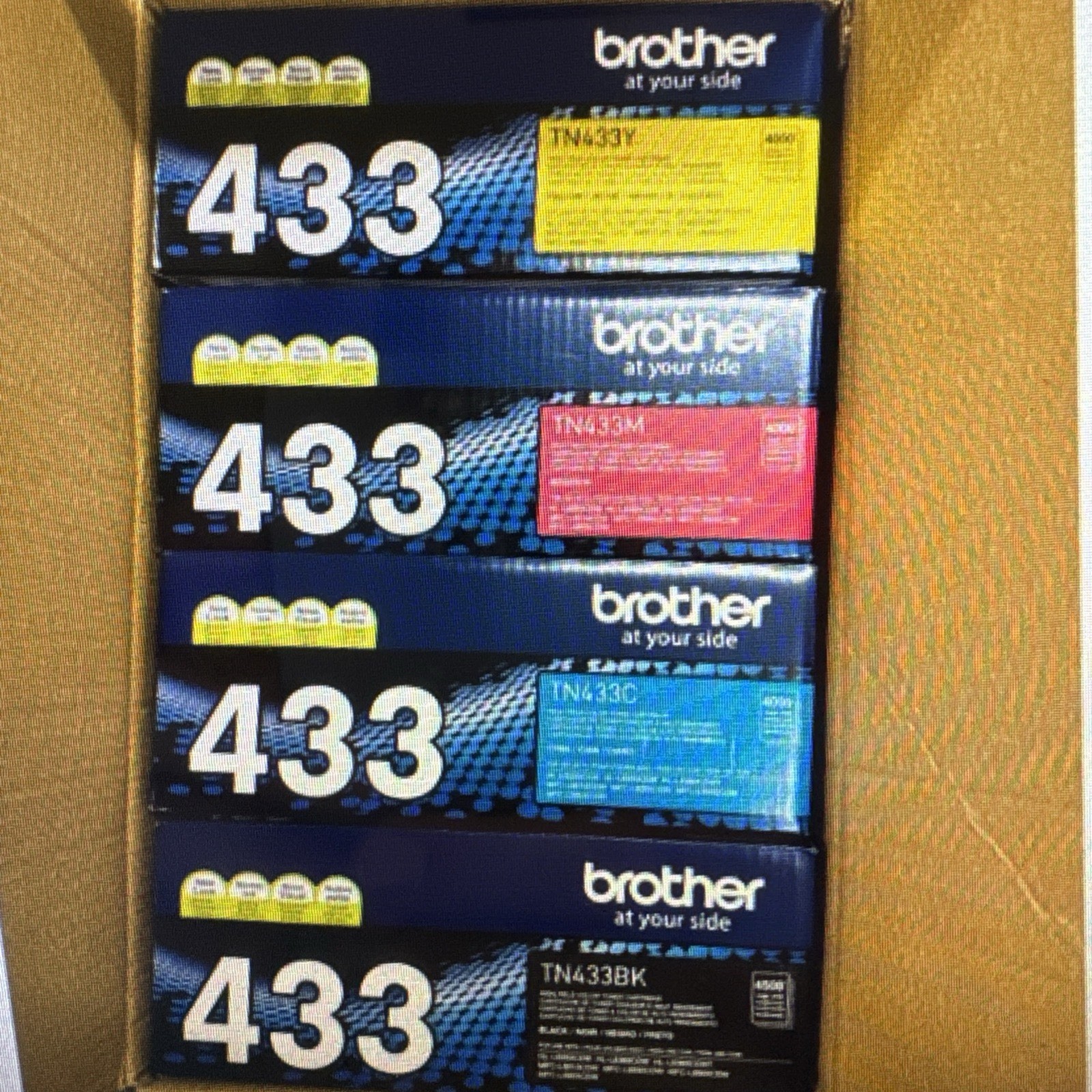 Brother TN433 High-Yield Toner Set Black, Cyan, Magenta, Yellow 4-Pack, New Box Brother TN433 High-Yield Toner Set Black, Cyan, Magenta, Yellow 4-Pack, New Box