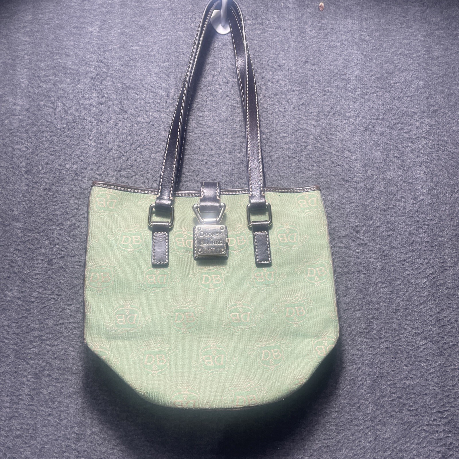 Vintage 90s Dooney & Bourke Signature Mint Green Canvas Brown Leather Bucket Bag