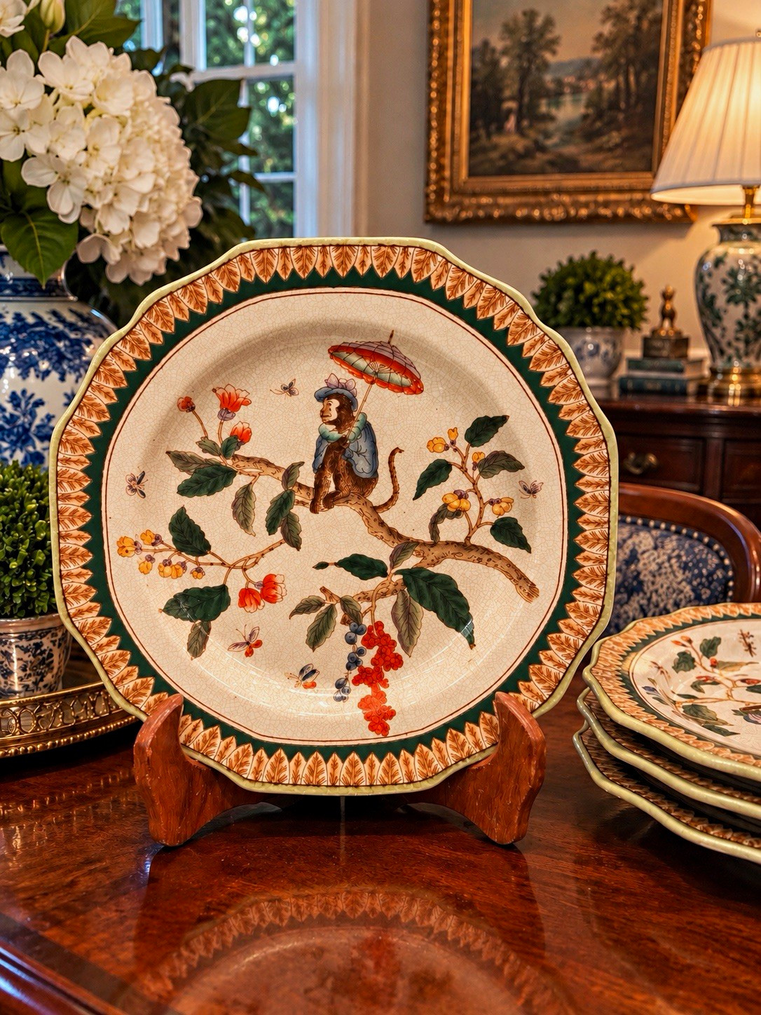 Vintage Hua Rong Tang Zhi Chinoiserie Monkey Plates Set of 4 Crackle Glaze