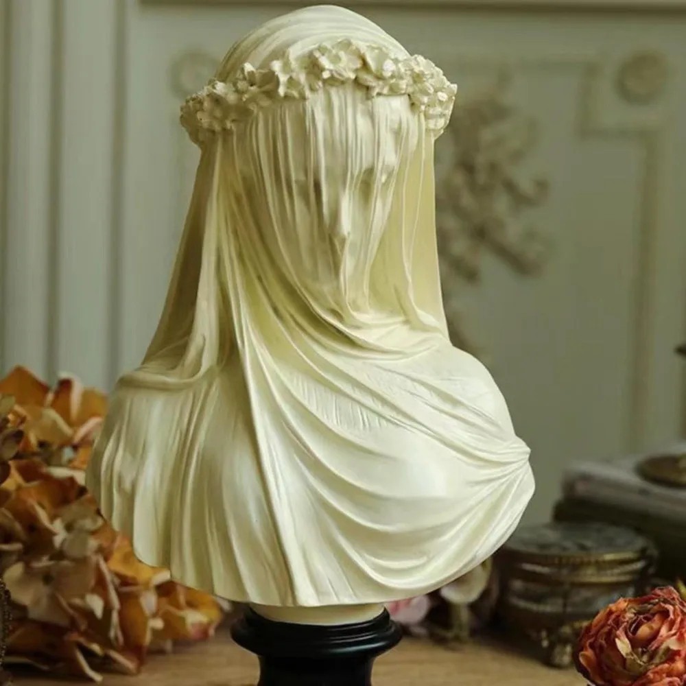 Abstract Veiled Maiden Bust Statue White Resin Goddess Sculpture Vintage Home 