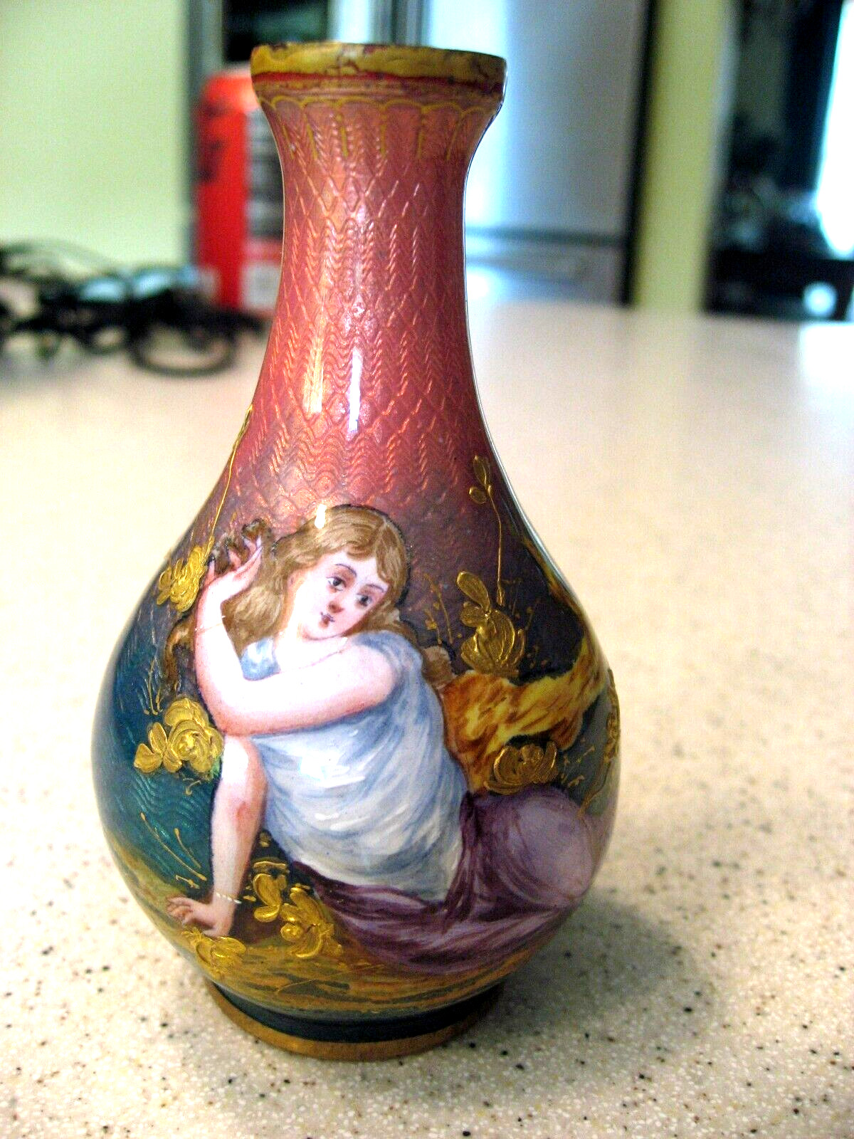 Antique French Enamel over Bronze Hand Painted Renaissance Woman Miniature Vase