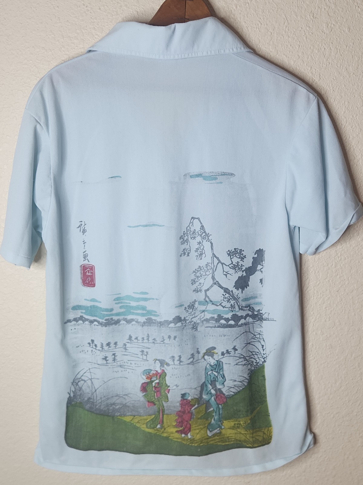 True Vintage 70s Polo Shirt Japanese Graphic Hiroshige LARGE Rite Smart UNIQUE 