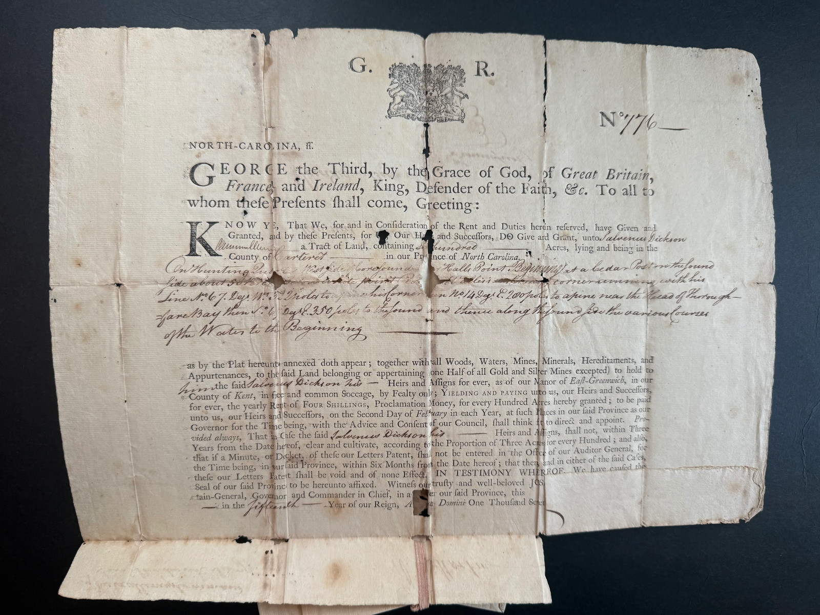 1775 One of North Carolina’s Last Royal Land Grants—Fully Signed by Governor