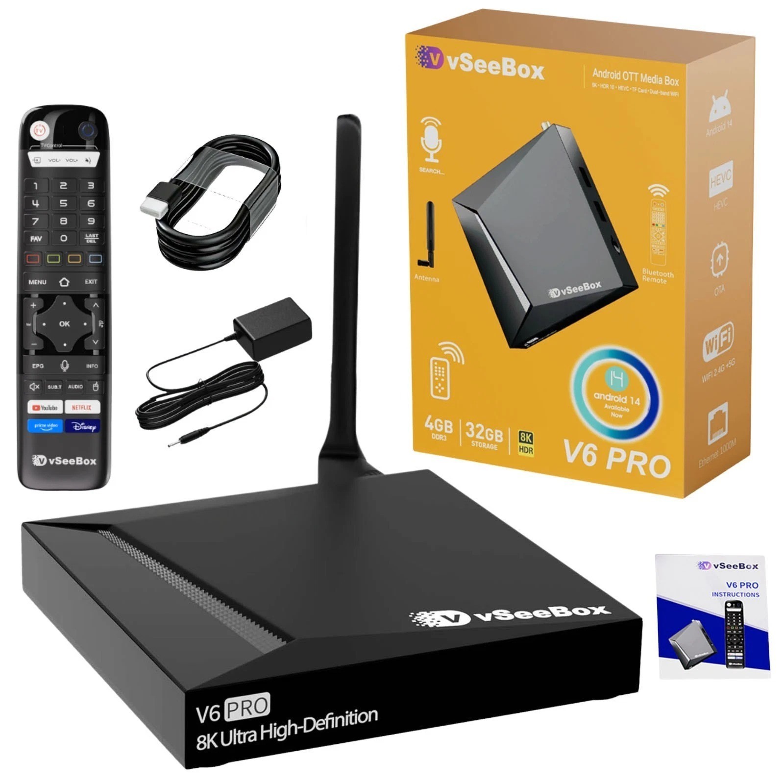 vSeeBox V6 Pro TV Box Android 14 with 4GB+32GB, Dual-Band WiFi, Bluetooth Remote