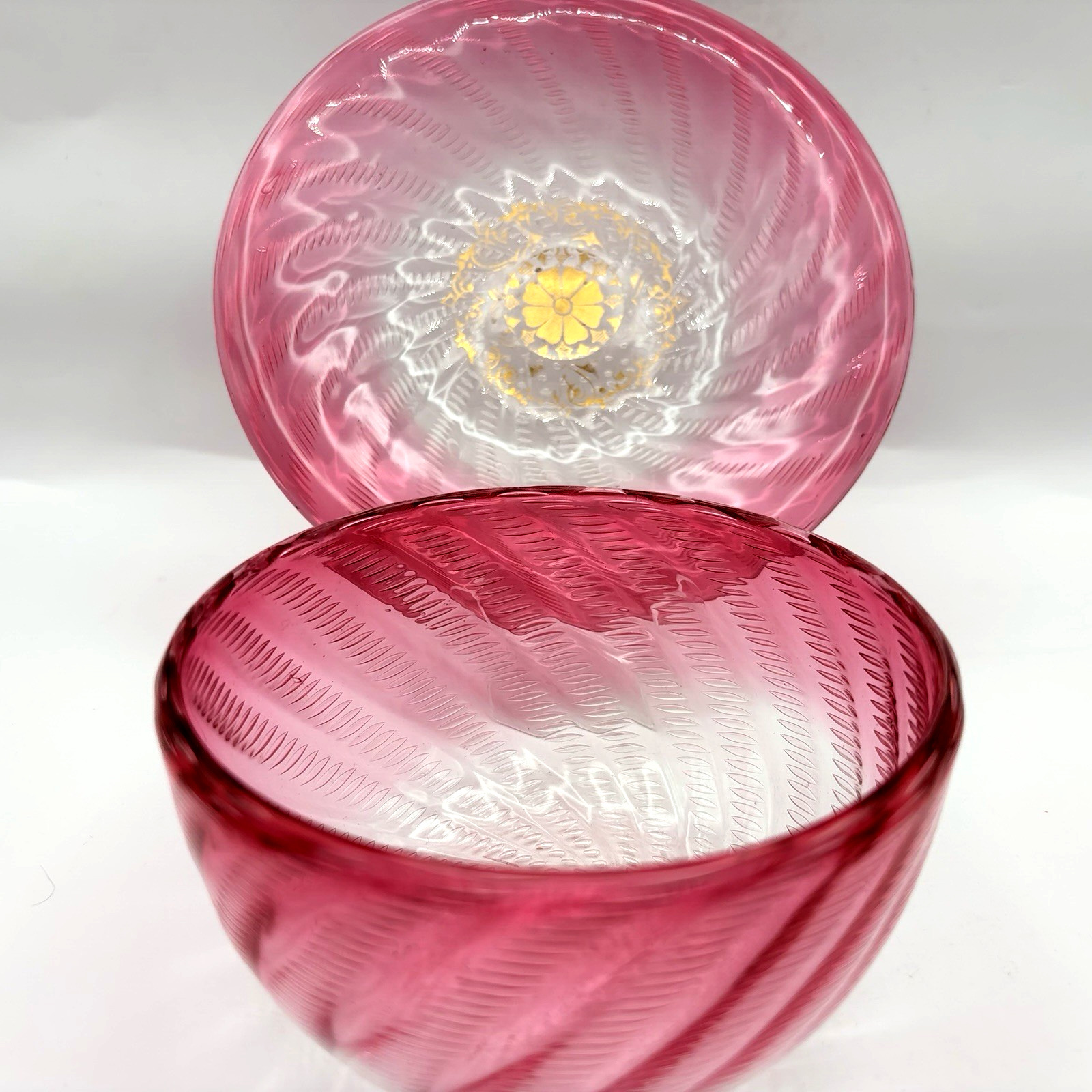 Josephinenhütte antique signed pink glass Bullicante bowl and underplate 3\ Josephinenhütte antique signed pink glass Bullicante bowl and underplate 3\