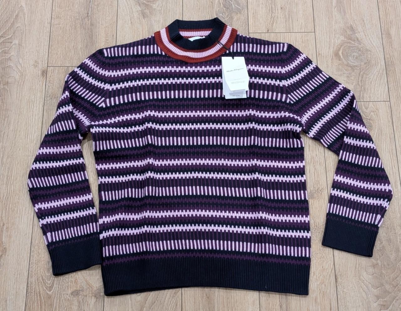 $1650 Mens Salvatore Ferragamo Jacquard Cashmere/Cotton Sweater Blue Nights XL