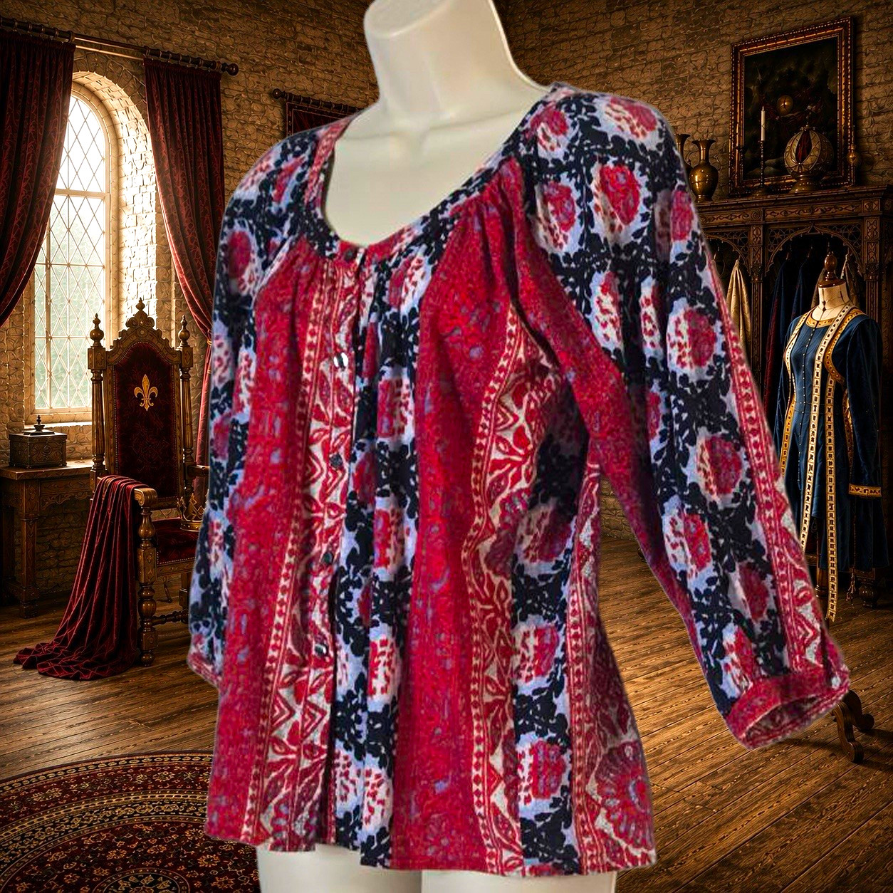 Creme Fraiche Womens XS Boho Peasant Blouse Red Floral 3/4 Sleeve Cotton Top