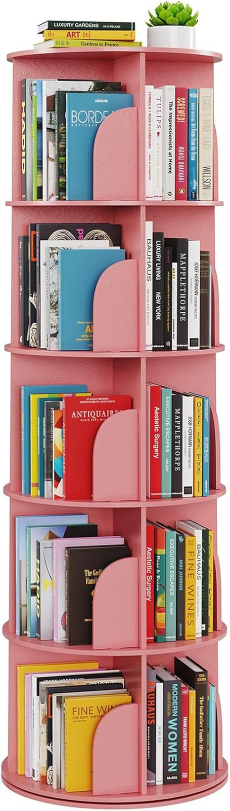 Pink 5-Tier Rotating Bookshelf Tower - 360° Spinning Bookcase Organizer