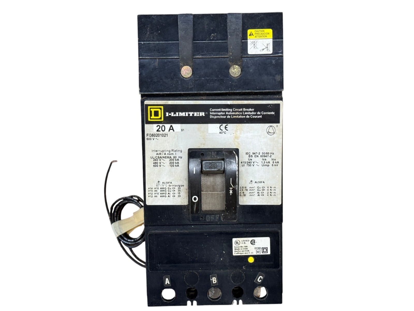 SQUARE D FI360201021 20A 3-PHASE 3-POLE 600V I-LINE SHUNT TRIP CIRCUIT BREAKER