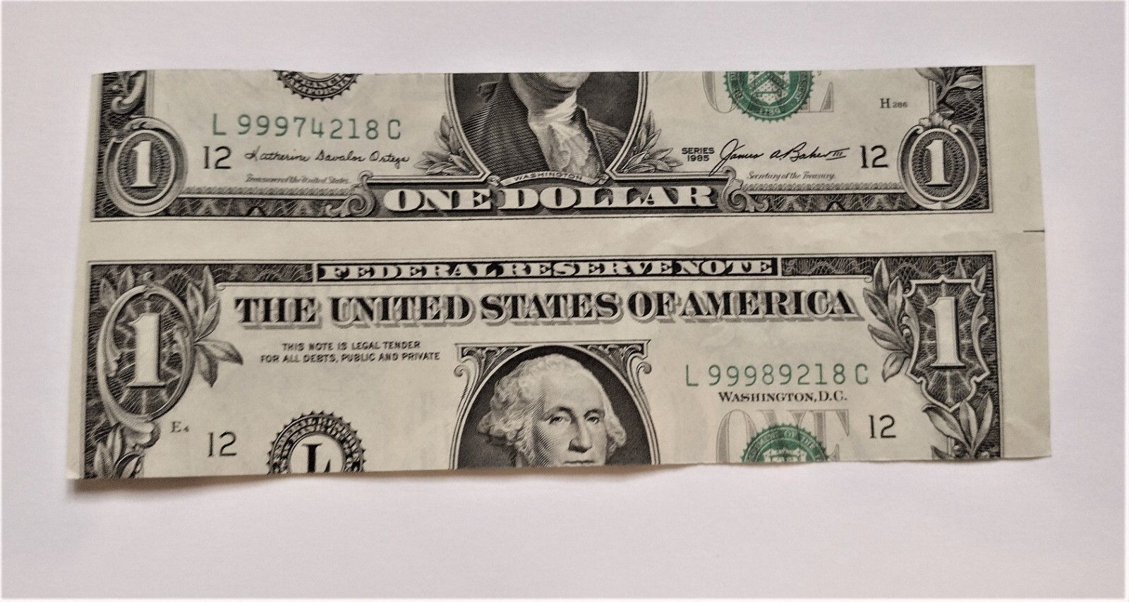Novelty Real 1985 $1 Dollar Bill Cut in Half - NOT ERROR BILL - 2 Different #\'s