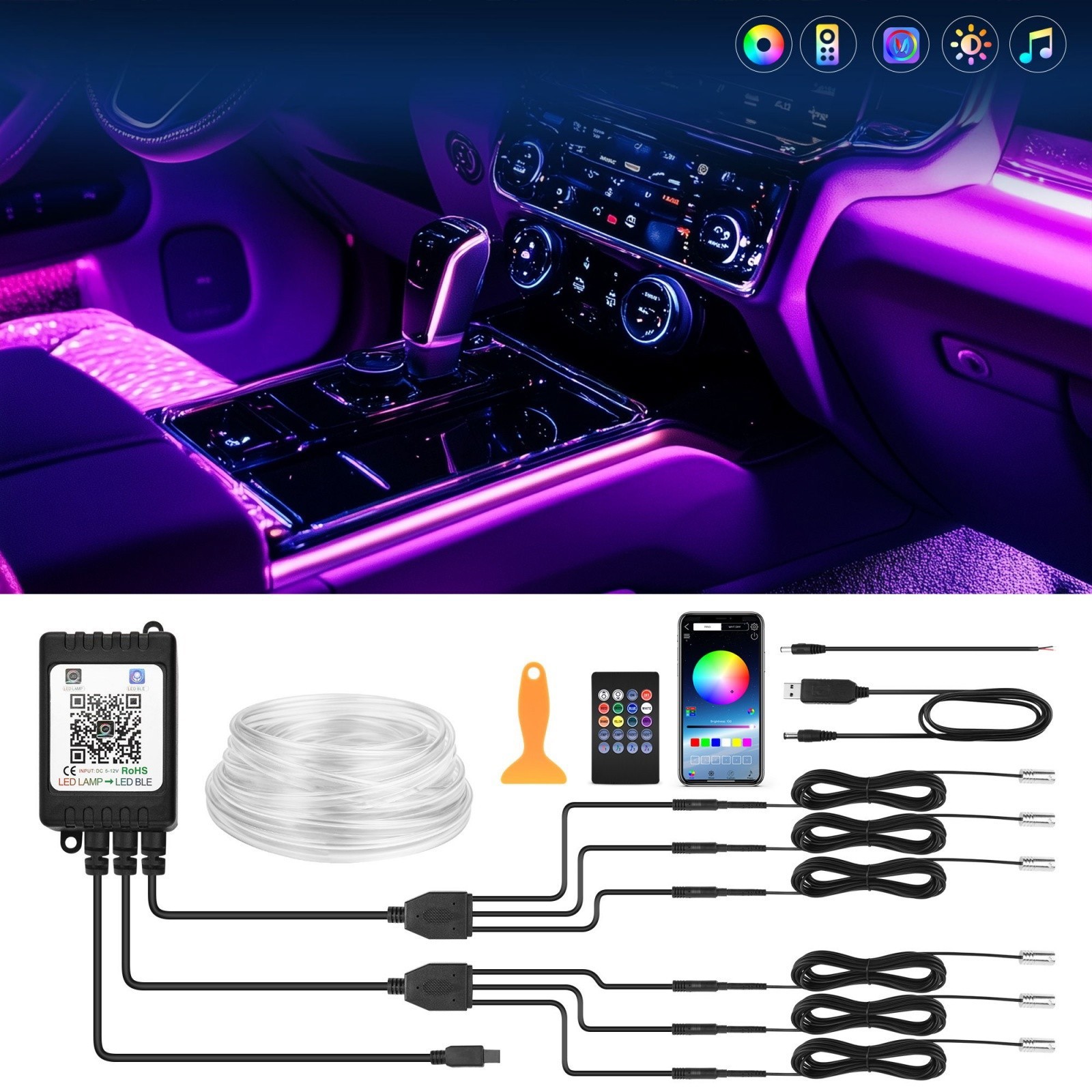 RGB 6/8/10 LED Car Interior Strip Lights Atmosphere Neon Ambient Lighting Kit