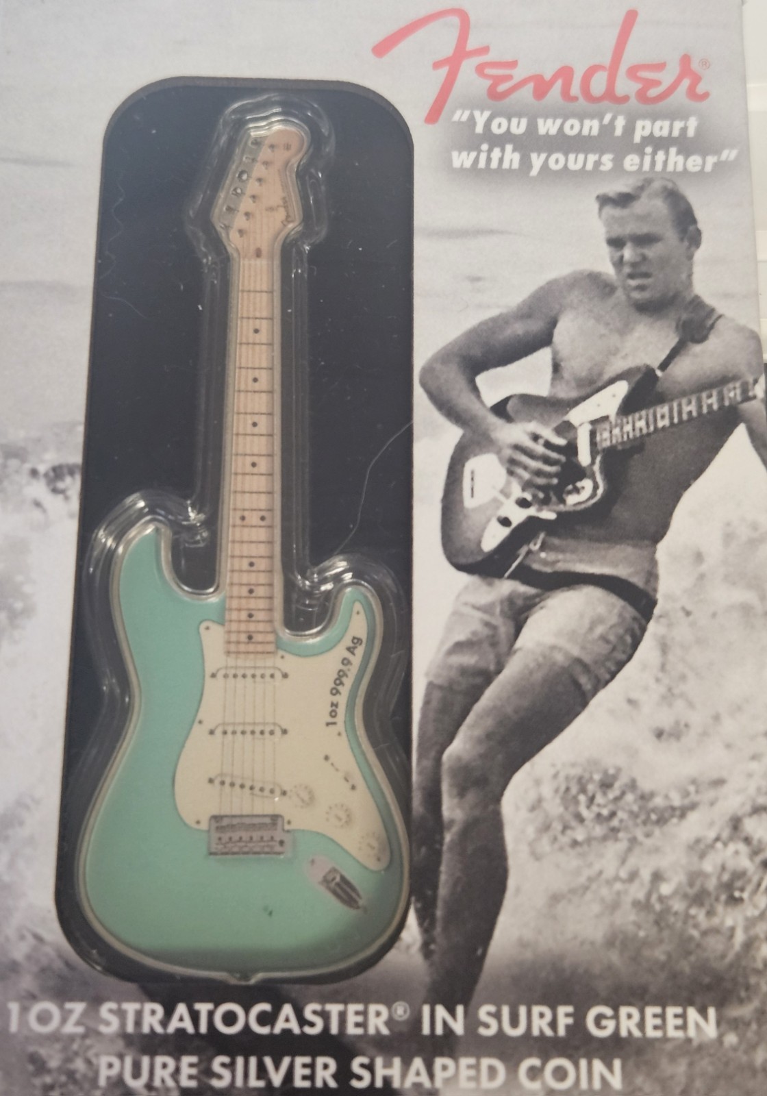 PAMP Fender Stratocaster Guitar-Shaped Surf Green Color Coin 1 oz .9999 2022