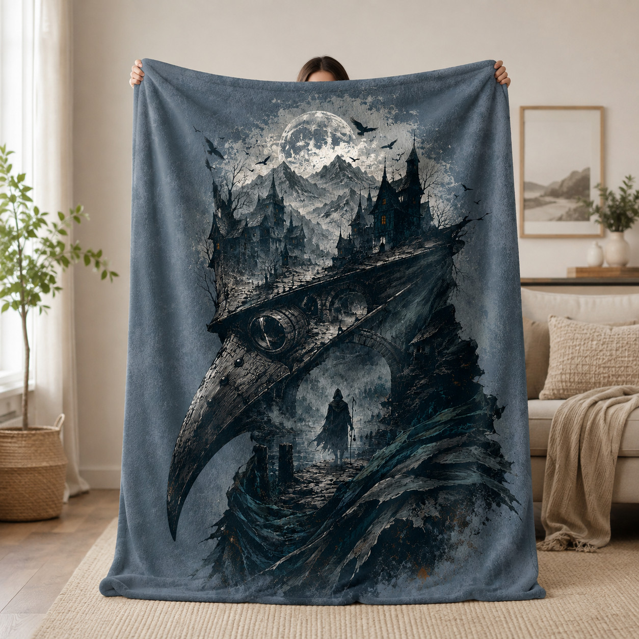 Halloween Blanket Plague Doctor Gothic Moon Haunted Castle Fleece Throw Decor