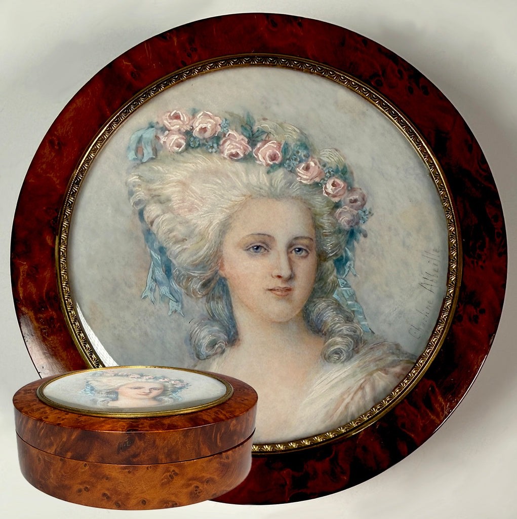 Large Fine Portrait Miniature of Princess Lamballe Tops a Burl Wood Powder Jar