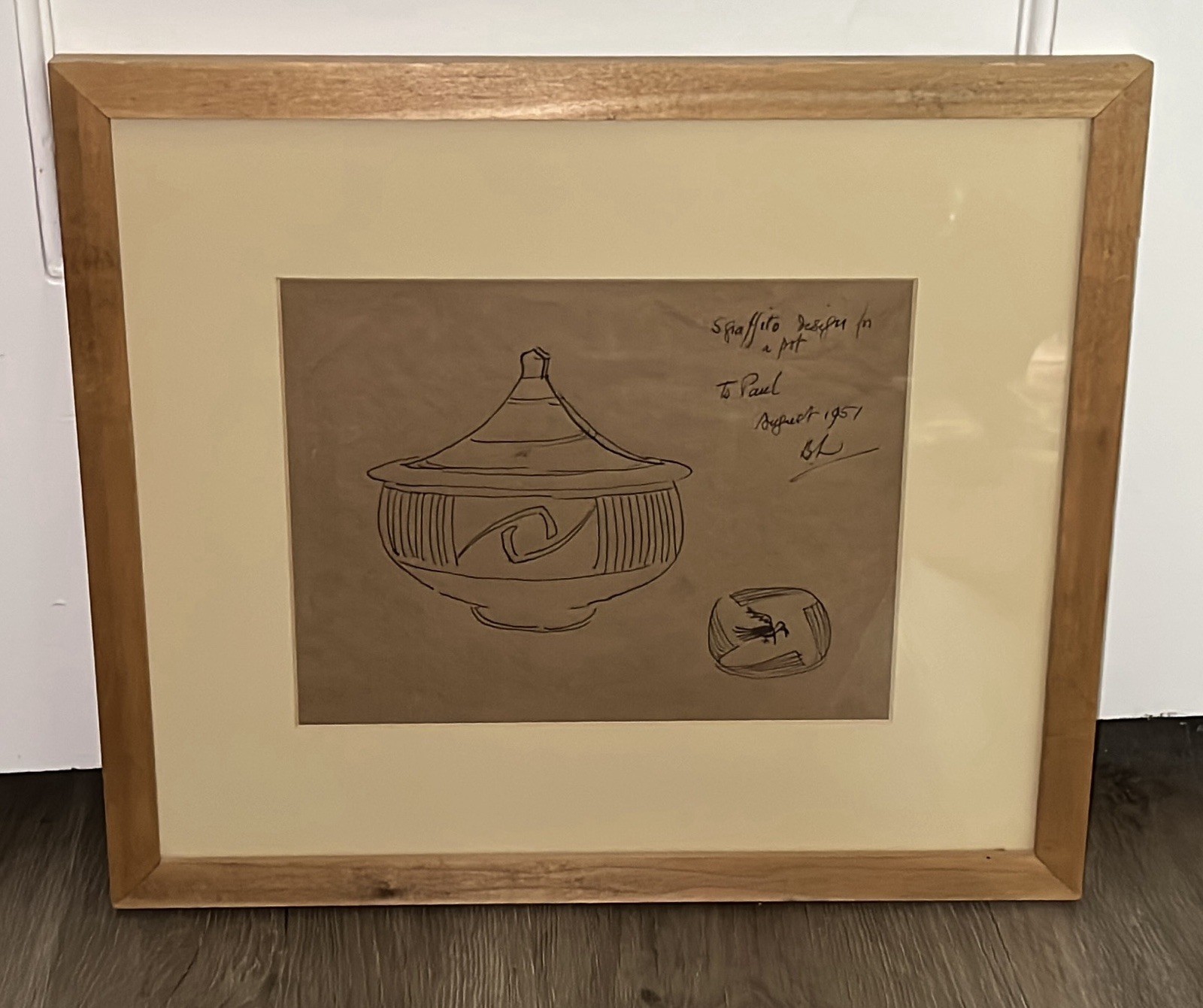 Bernard Leach Original Drawing Signed Ink on Paper Framed  Studio Pottery