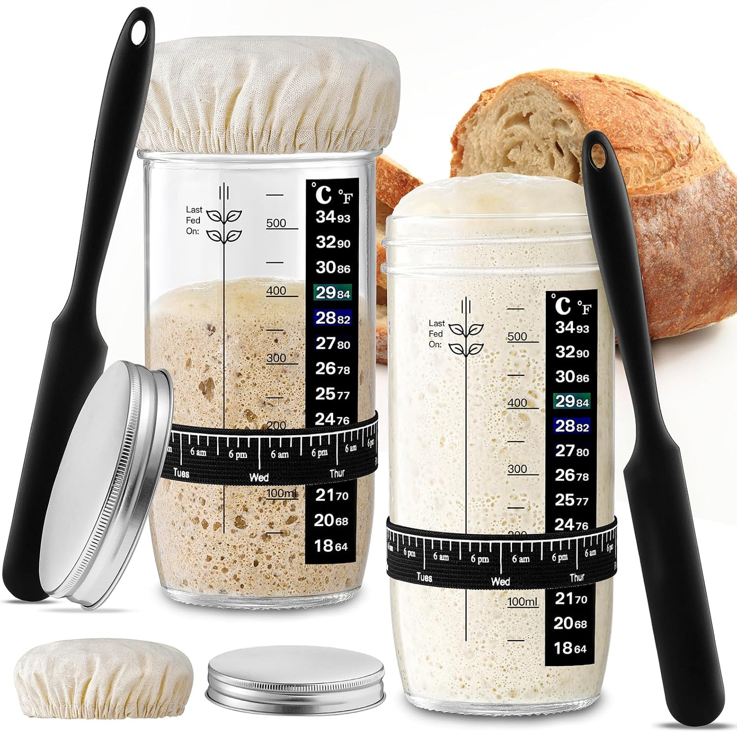 Glass Sourdough Starter Jar 2 Pack, 24 Oz Wide Mouth Organic Sourdough Starter K