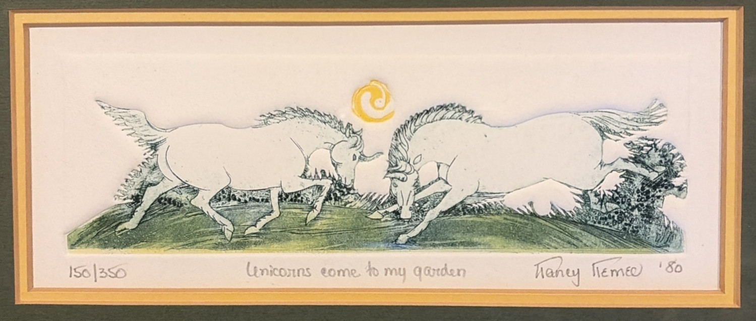 Nance Nemec Unicorns Come to My Garden Signed Etching 150/350 Framed 1980 MCM