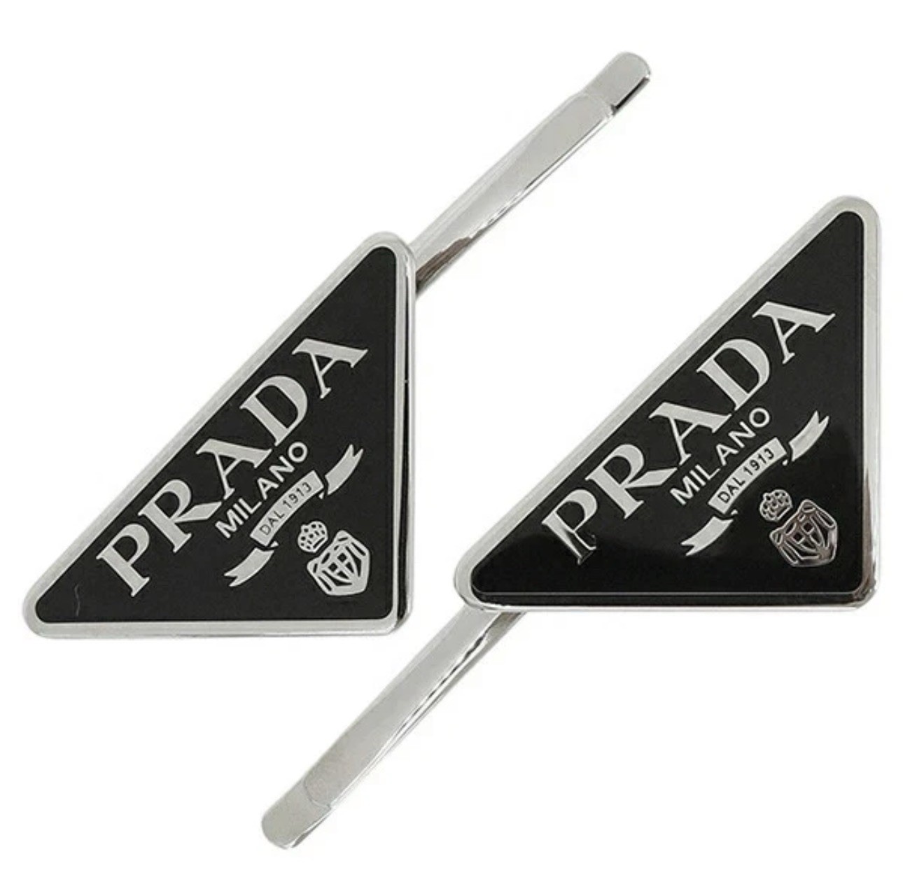 Prada Style Logo Hair Clip Set Black Triangle Metal Barrette 2PCS